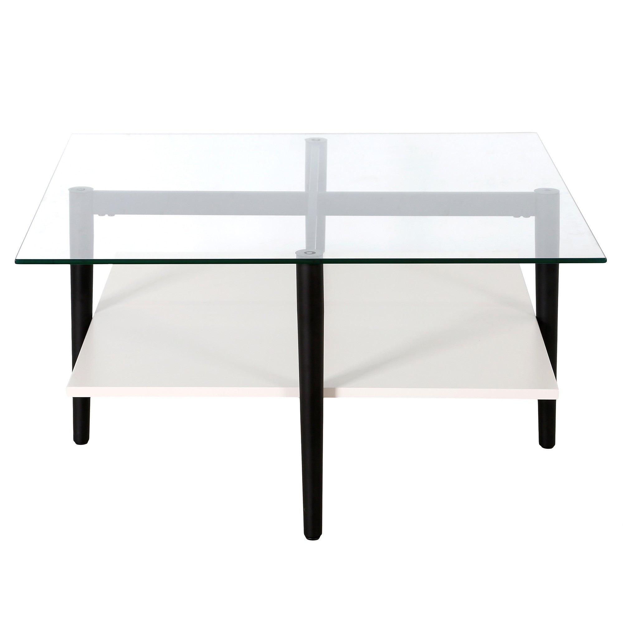 32" White And Black Glass And Steel Square Coffee Table With Shelf