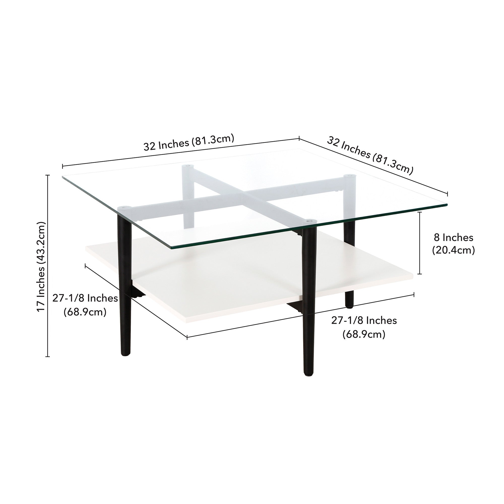 32" White And Black Glass And Steel Square Coffee Table With Shelf