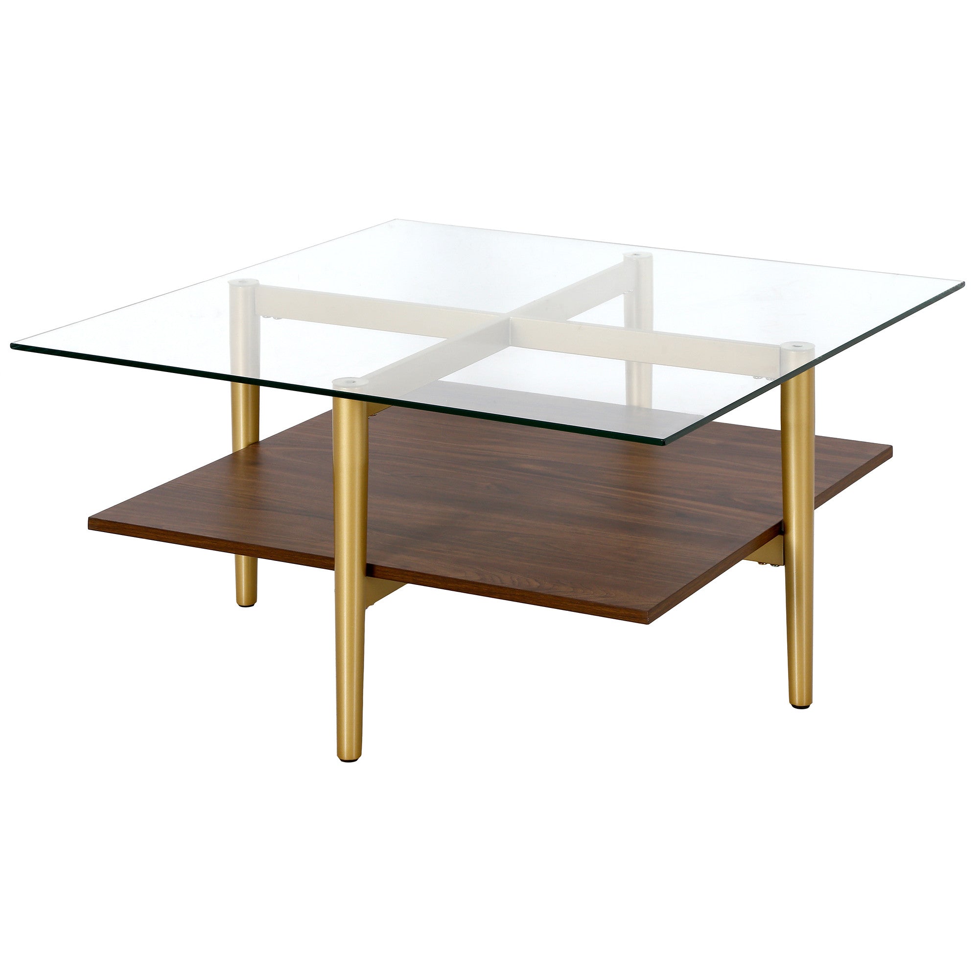 32" Brown And Gold Glass And Steel Square Coffee Table With Shelf