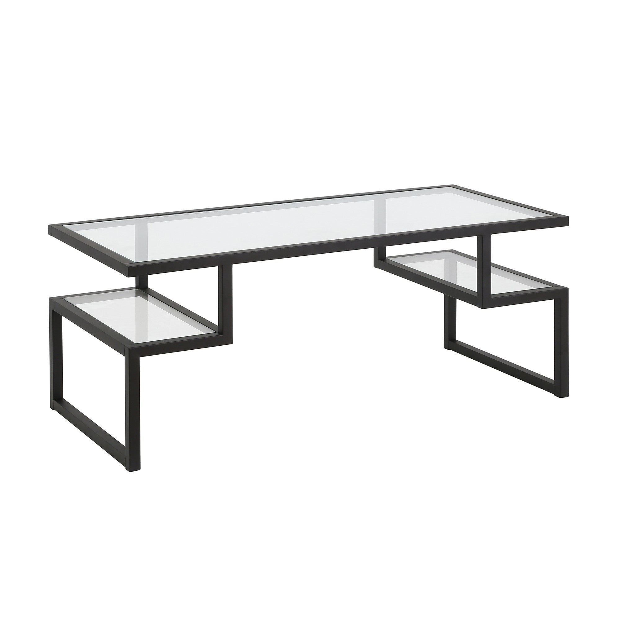 45" Black Glass And Steel Coffee Table With Two Shelves