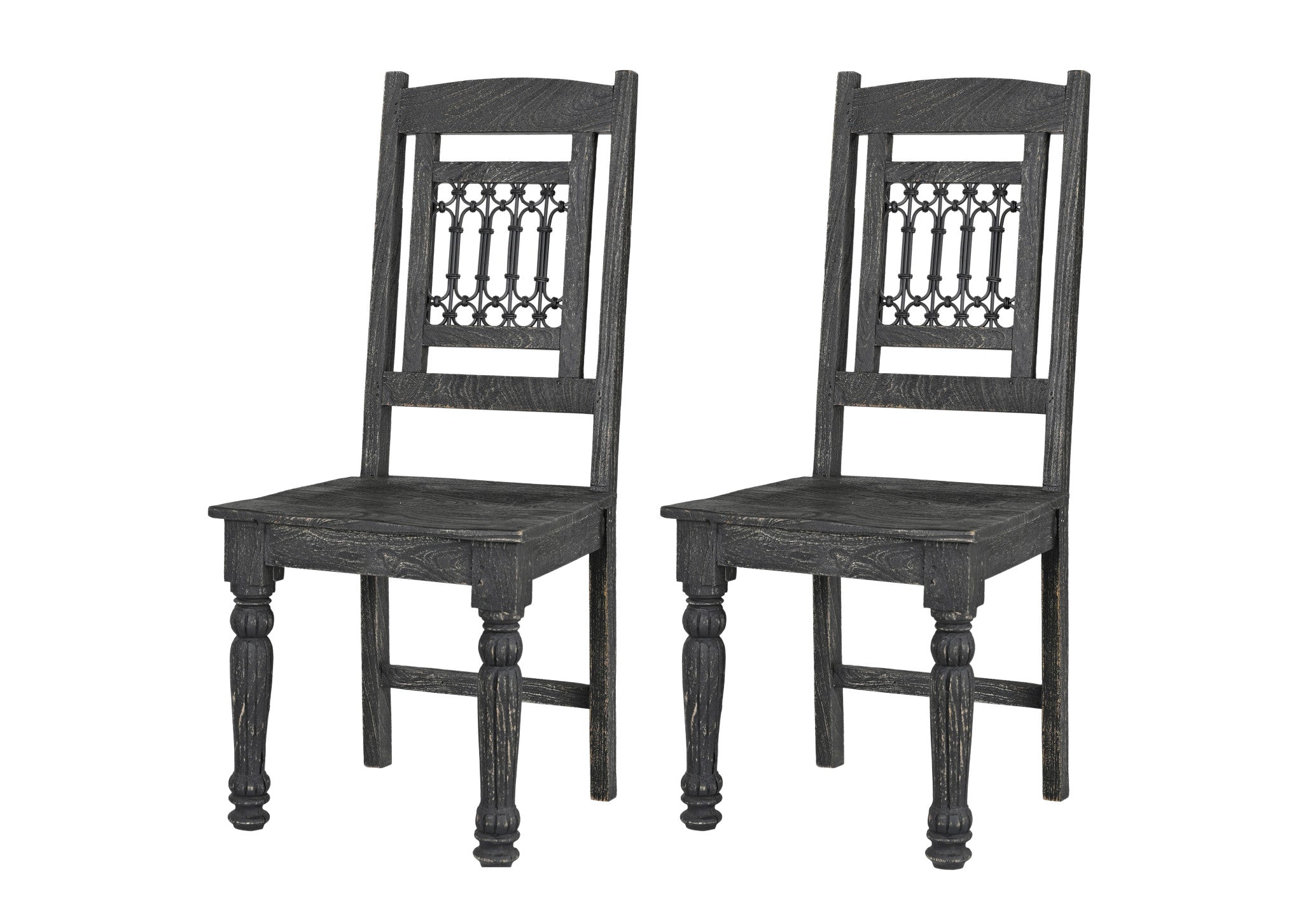 Set of Two Black Wood Slat Back Dining Side Chairs