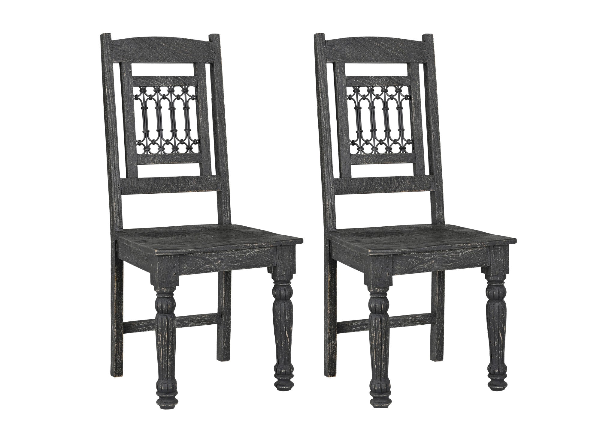 Set of Two Black Wood Slat Back Dining Side Chairs