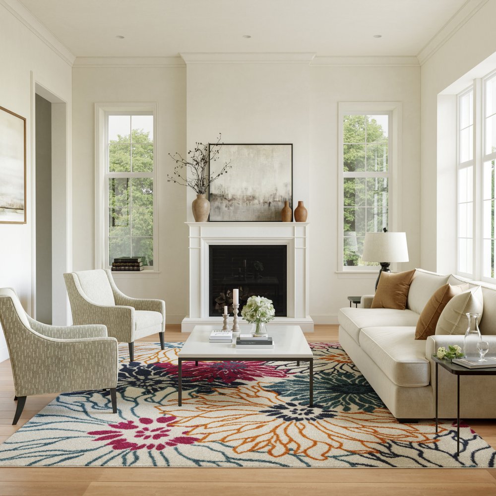 8' X 10' Cream Floral Power Loom Area Rug