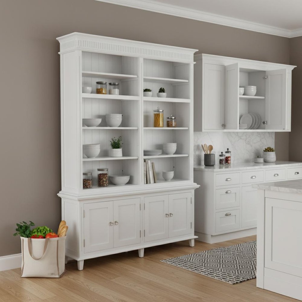 87" Antiqued White Solid Wood Four Door Pantry Or Storage Closet