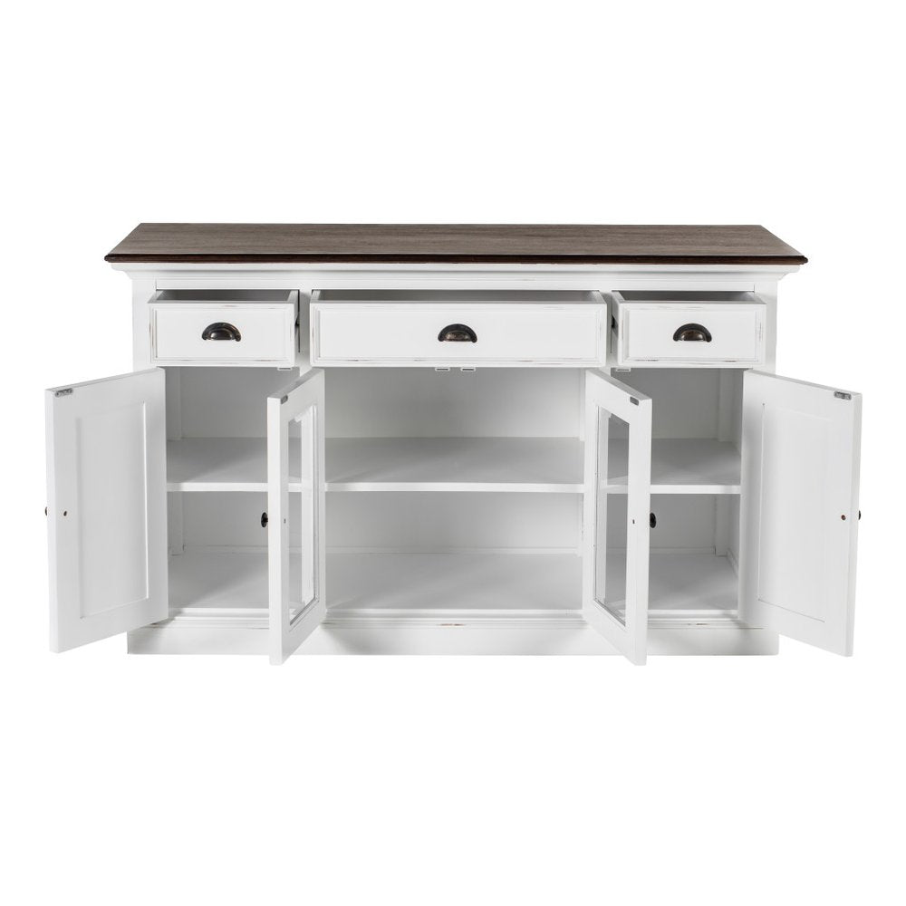 60" White And Black Solid Wood Paneled Three Drawer Buffet Table with Four Glass Doors