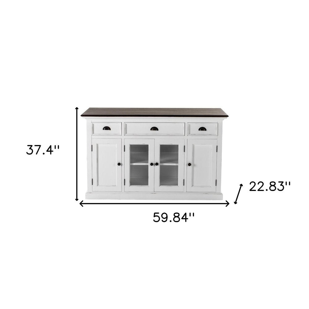 60" White And Black Solid Wood Paneled Three Drawer Buffet Table with Four Glass Doors