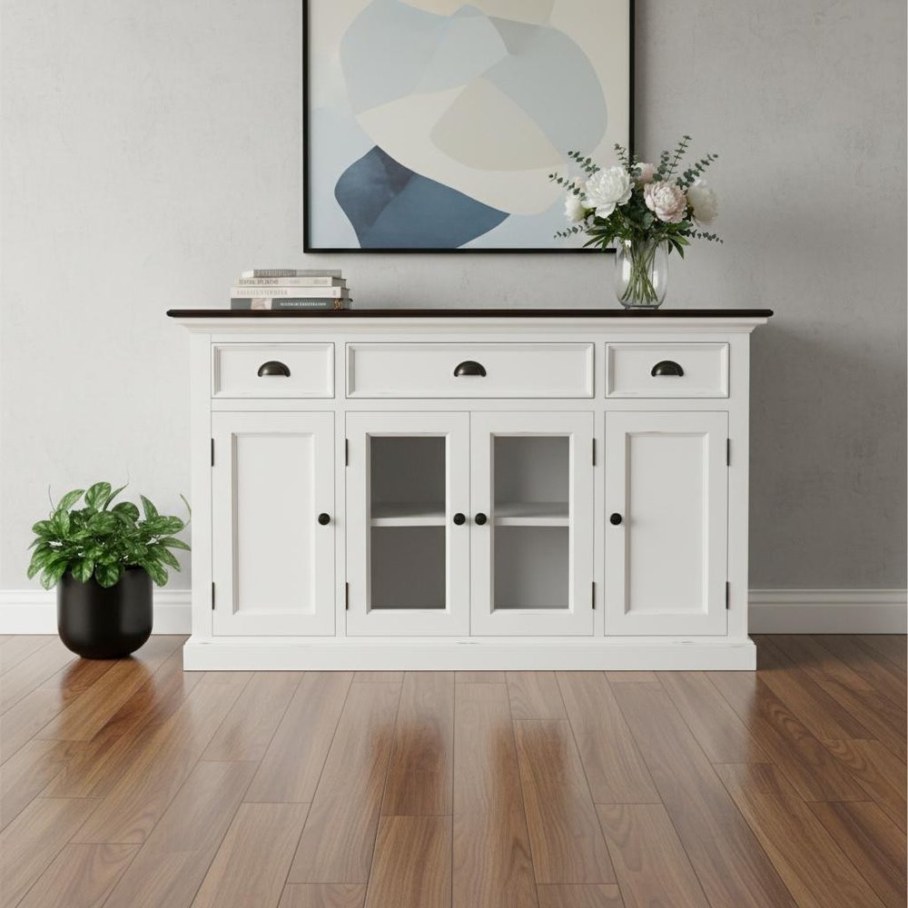 60" White And Black Solid Wood Paneled Three Drawer Buffet Table with Four Glass Doors