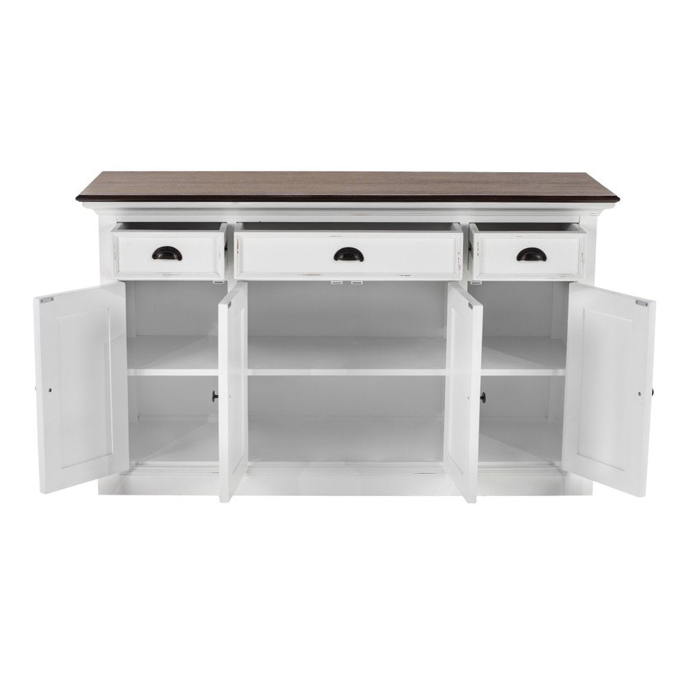 60" Antiqued White And Brown Distressed Solid Wood Three Drawer Buffet Table with Four Glass Doors