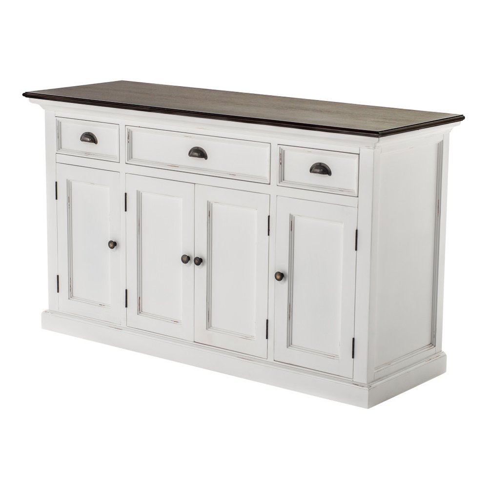 60" Antiqued White And Brown Distressed Solid Wood Three Drawer Buffet Table with Four Glass Doors