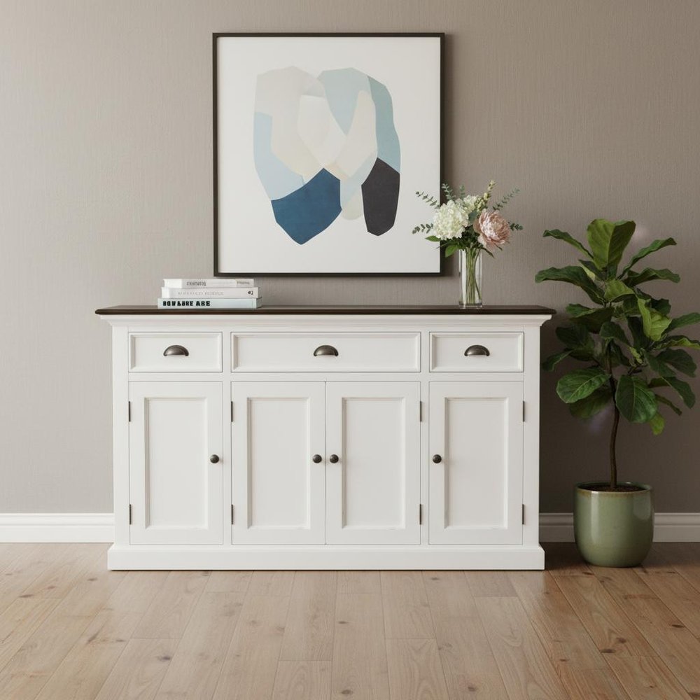 60" Antiqued White And Brown Distressed Solid Wood Three Drawer Buffet Table with Four Glass Doors