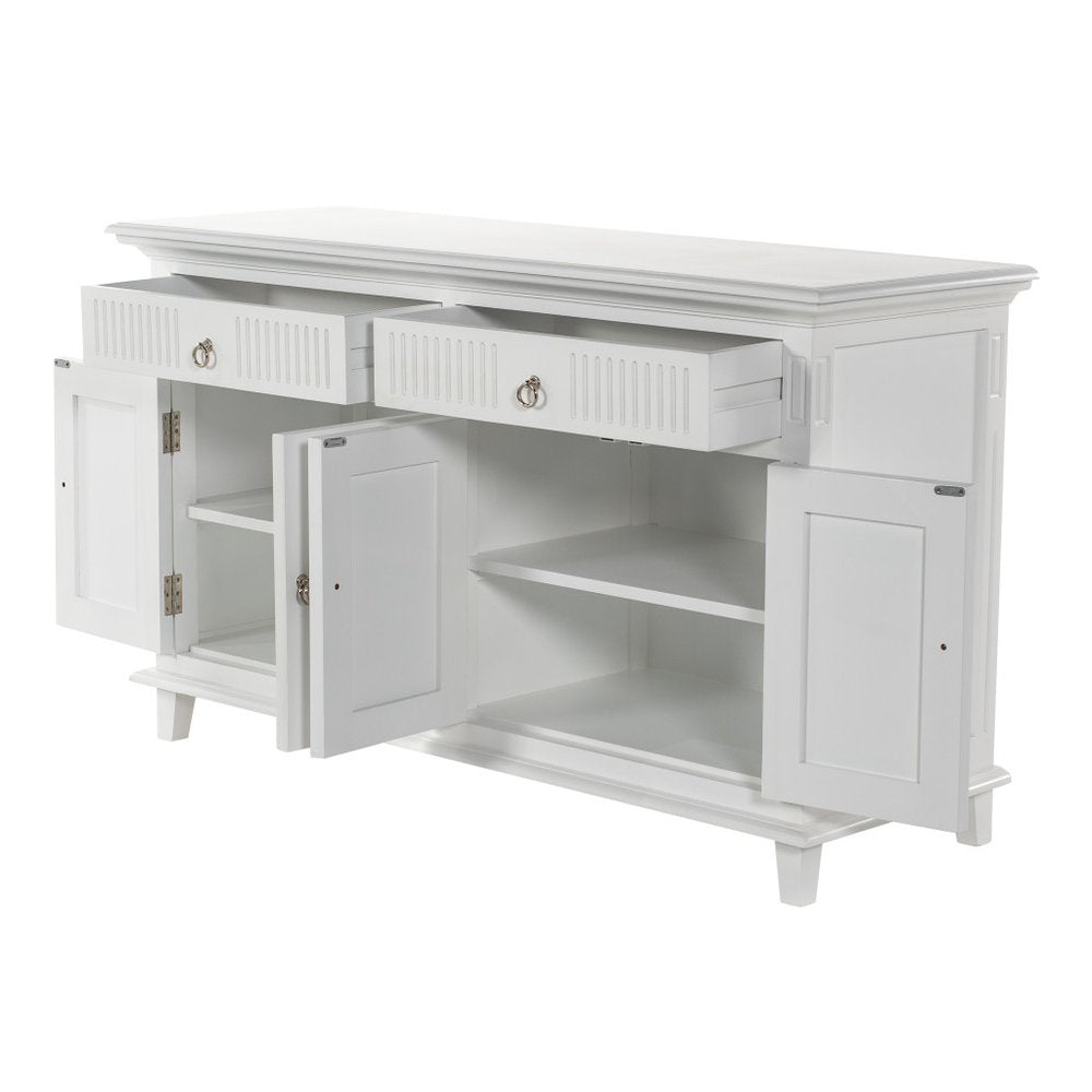 59" White Solid Wood Paneled Two Drawer Buffet Table with Four Doors