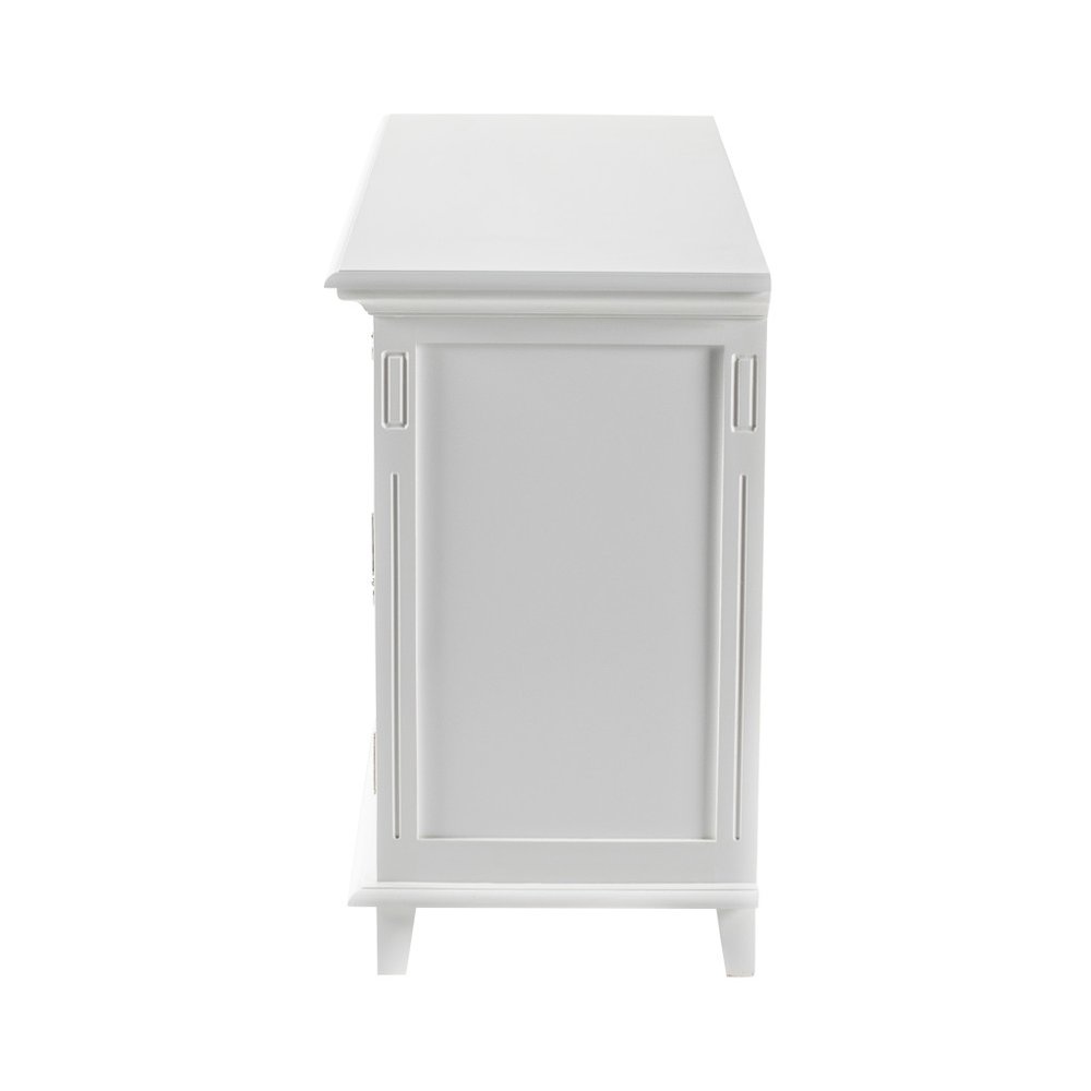 59" White Solid Wood Paneled Two Drawer Buffet Table with Four Doors