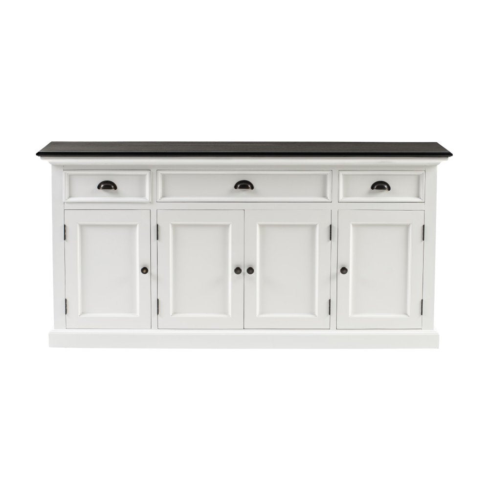 65" Antiqued White Solid Wood Three Drawer Buffet Table with Four Doors