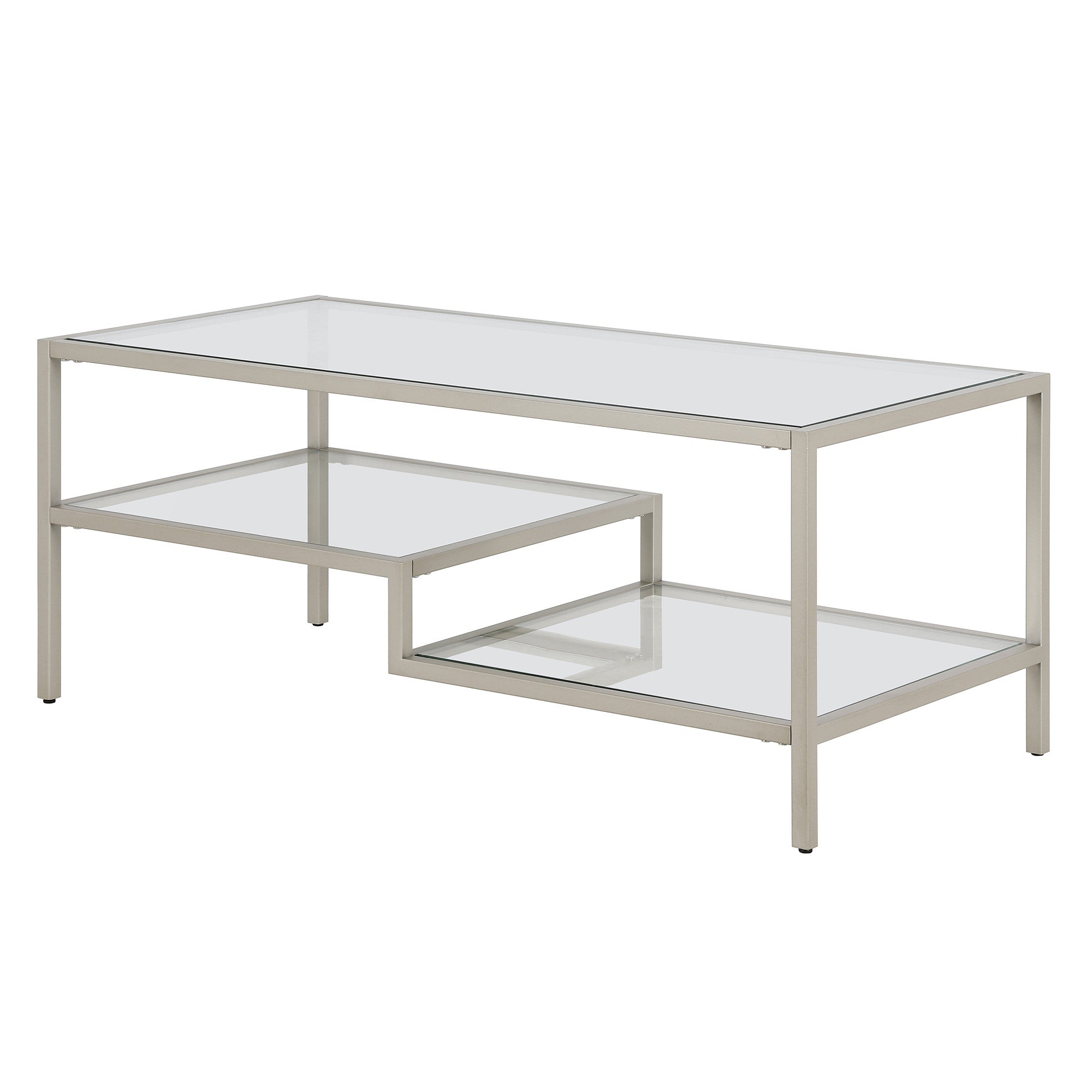 45" Silver Glass And Steel Coffee Table With Two Shelves