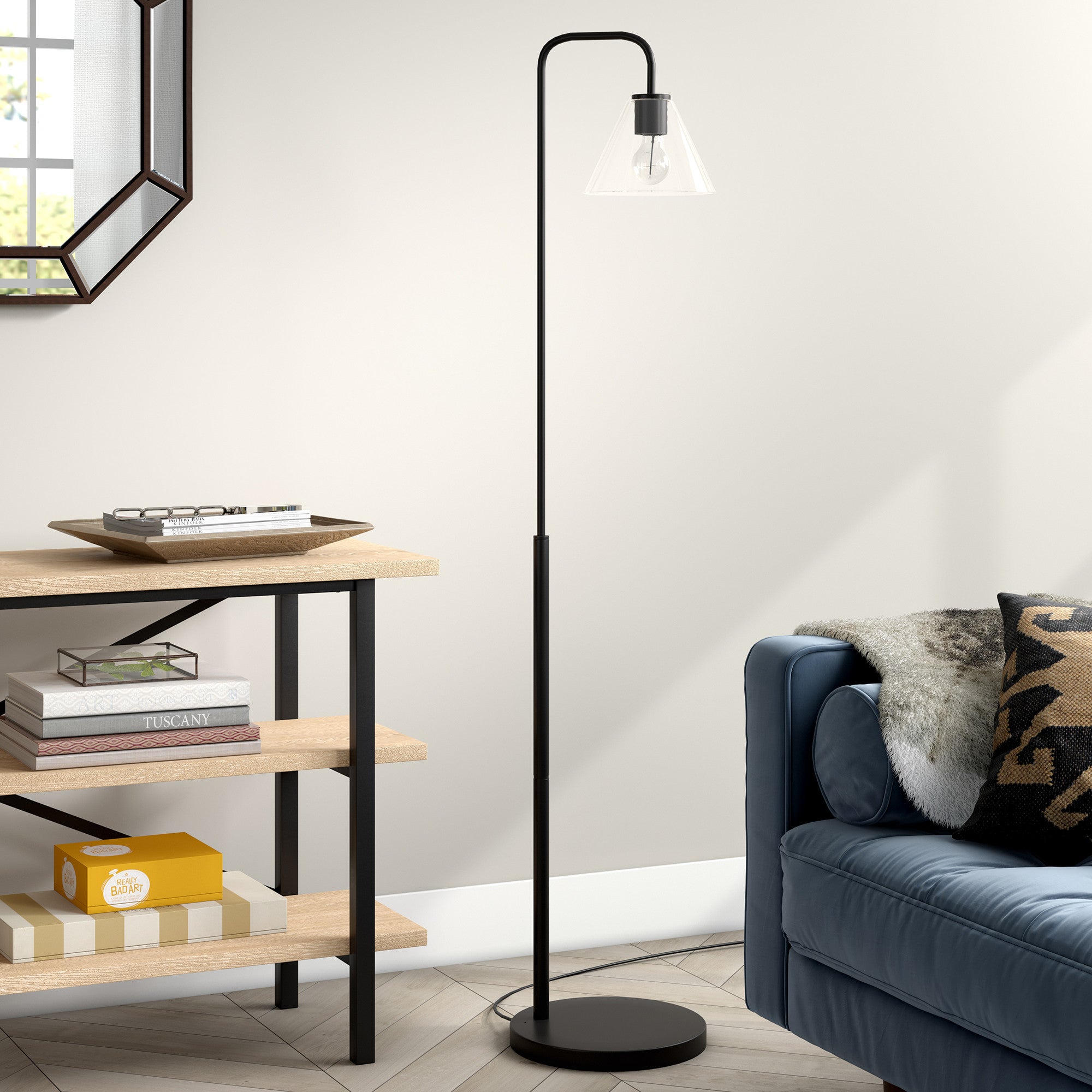 62" Black Arched Floor Lamp With Clear Transparent Glass Cone Shade