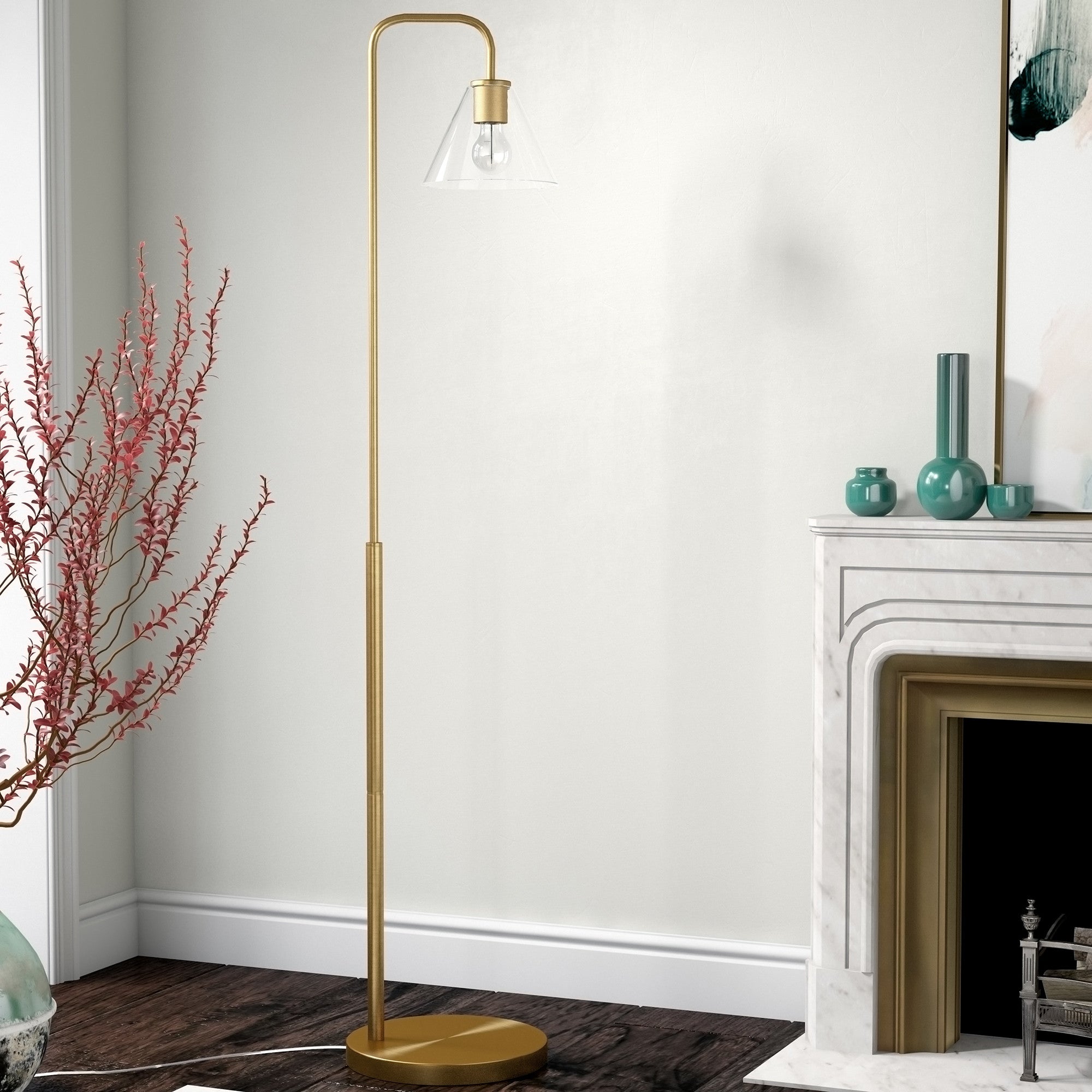 62" Brass Arched Floor Lamp With Clear Transparent Glass Cone Shade