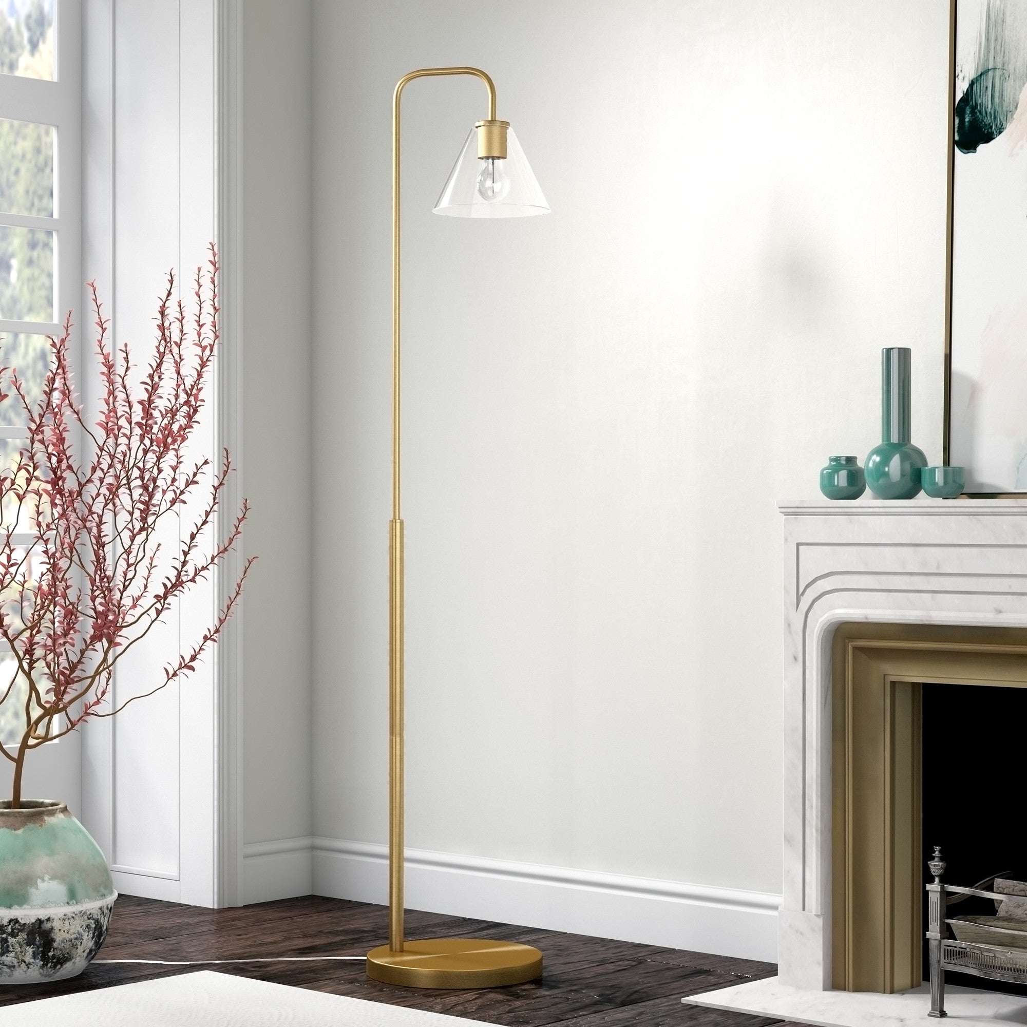 62" Brass Arched Floor Lamp With Clear Transparent Glass Cone Shade