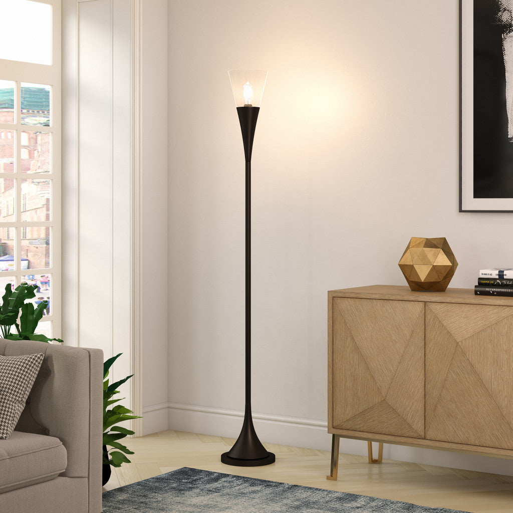 71" Black Torchiere Floor Lamp With Clear Seeded Glass Cone Shade