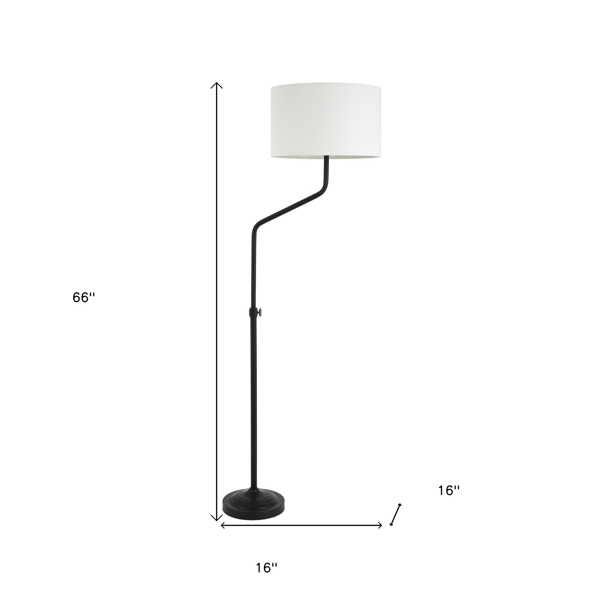 66" Black Adjustable Floor Lamp With White Fabric Drum Shade