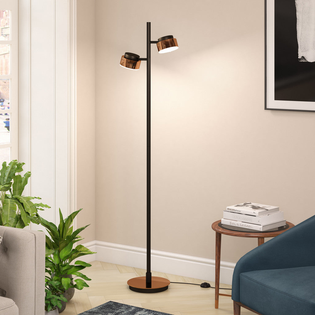 68" Black Two Light Tree Floor Lamp With Copper Bell Shade