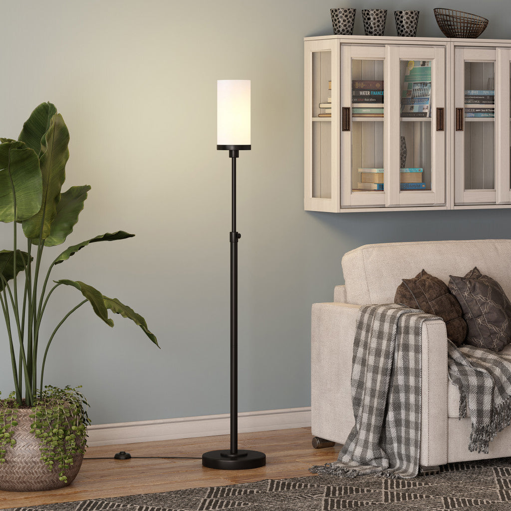 66" Black Torchiere Floor Lamp With White Frosted Glass Drum Shade