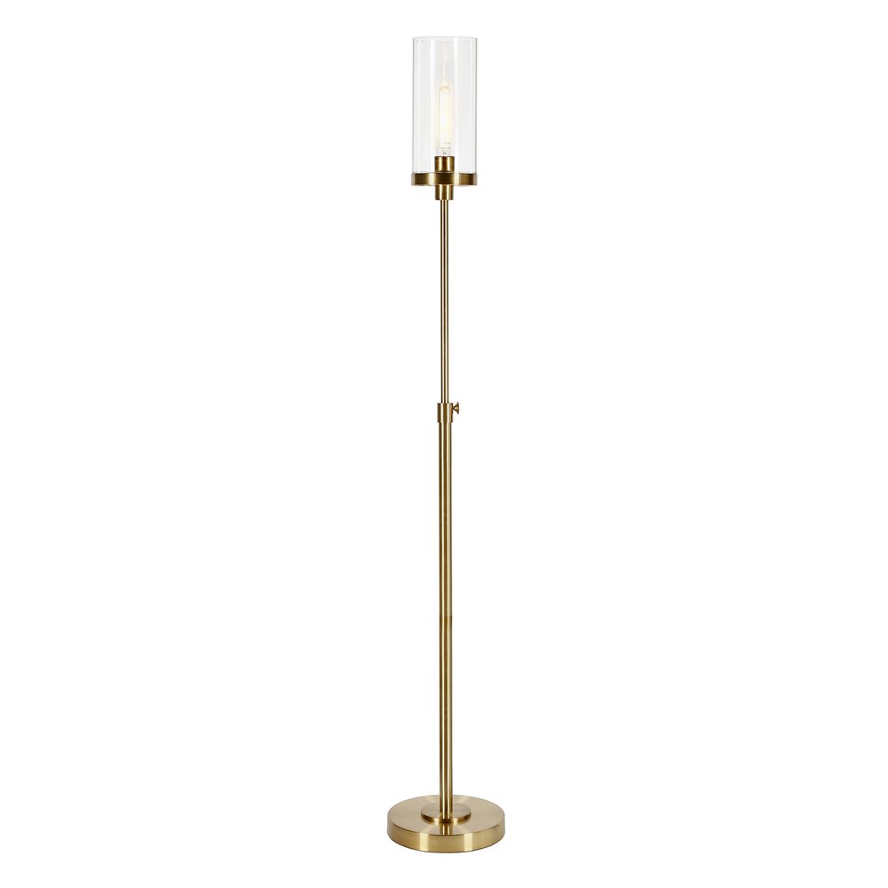 66" Brass Adjustable Torchiere Floor Lamp With Clear Glass Cylinder Shade