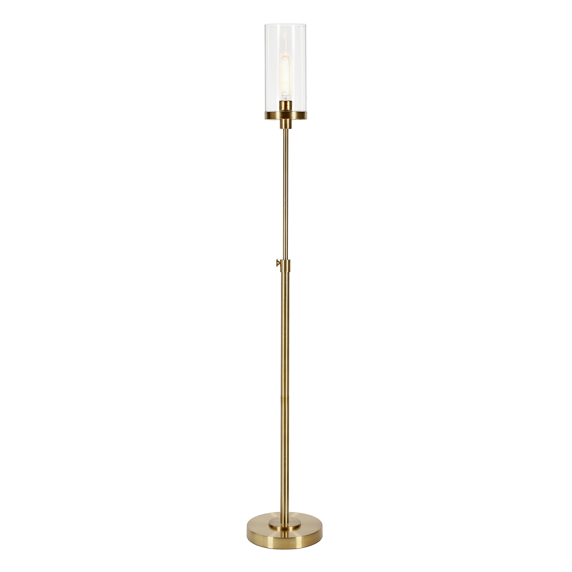 66" Brass Torchiere Floor Lamp With Clear Transparent Glass Drum Shade