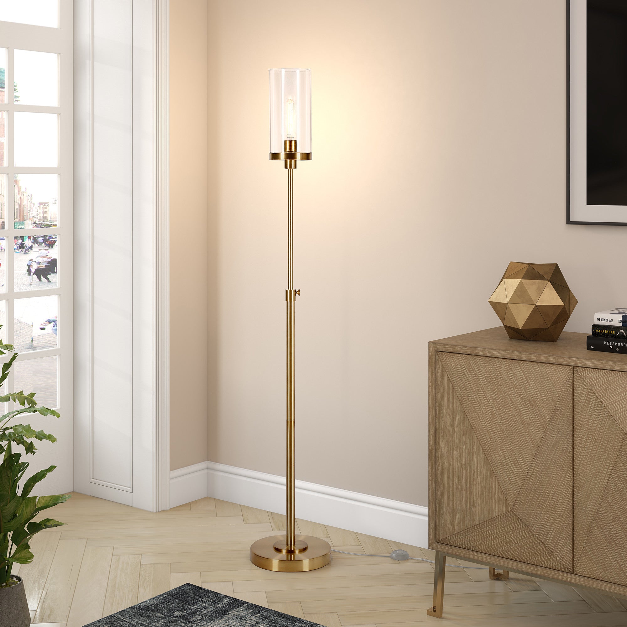 66" Brass Torchiere Floor Lamp With Clear Transparent Glass Drum Shade