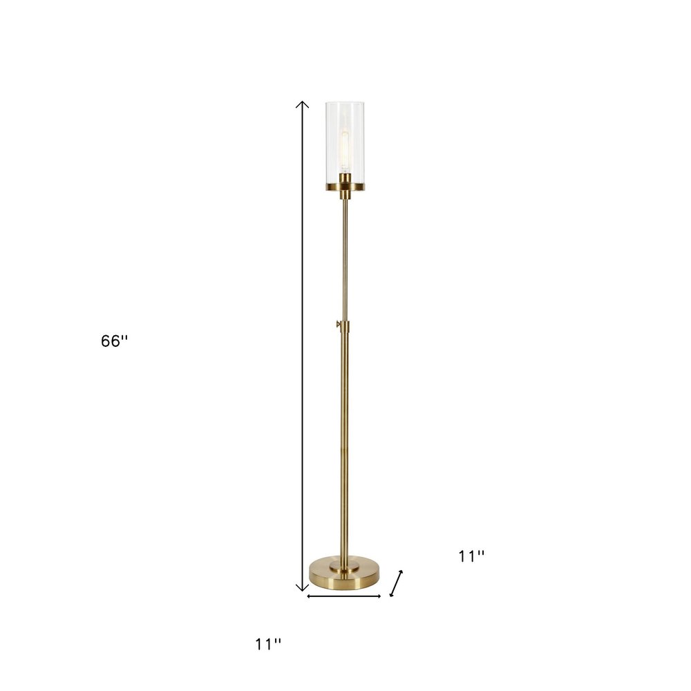 66" Brass Adjustable Torchiere Floor Lamp With Clear Glass Cylinder Shade