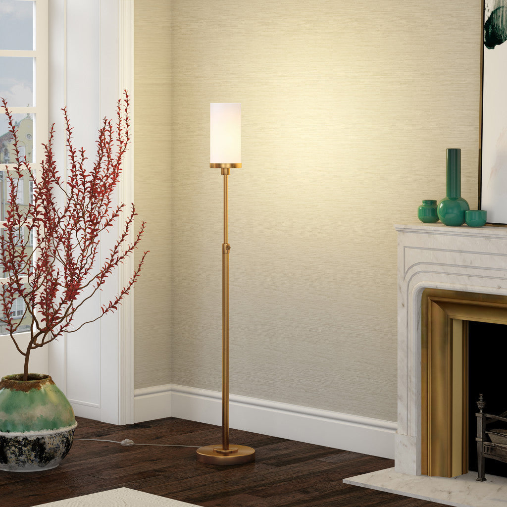 66" Brass Torchiere Floor Lamp With White Frosted Glass Drum Shade