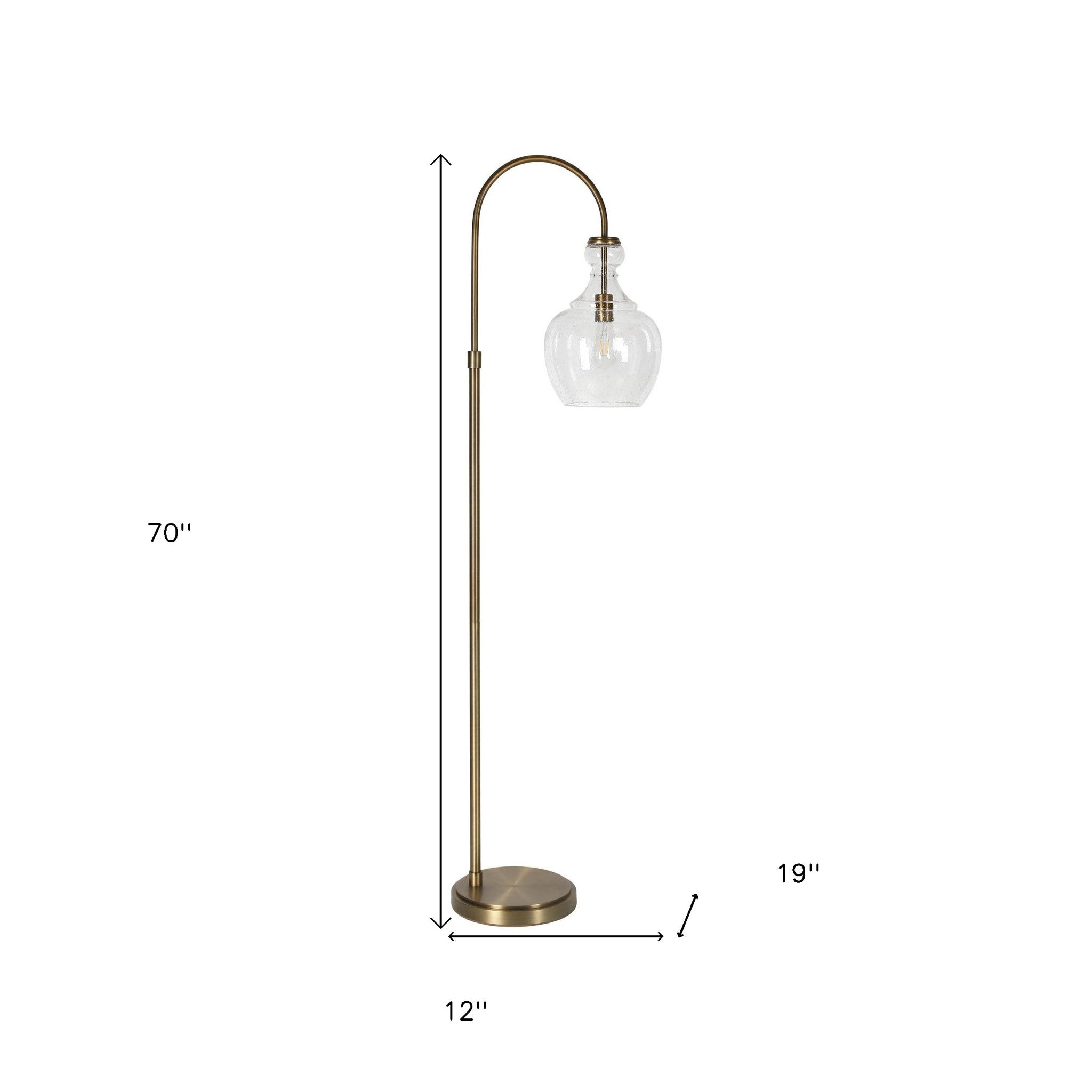 70" Brass Arched Floor Lamp With Clear Seeded Glass Dome Shade