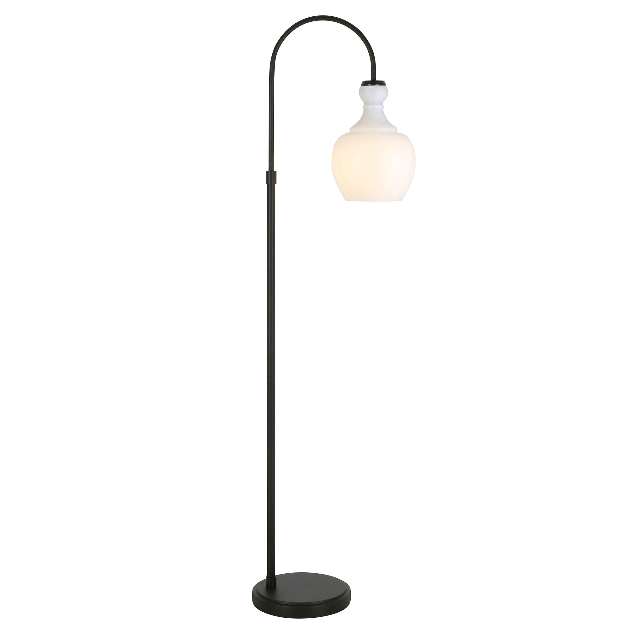 70" Black Arched Floor Lamp With White Frosted Glass Dome Shade
