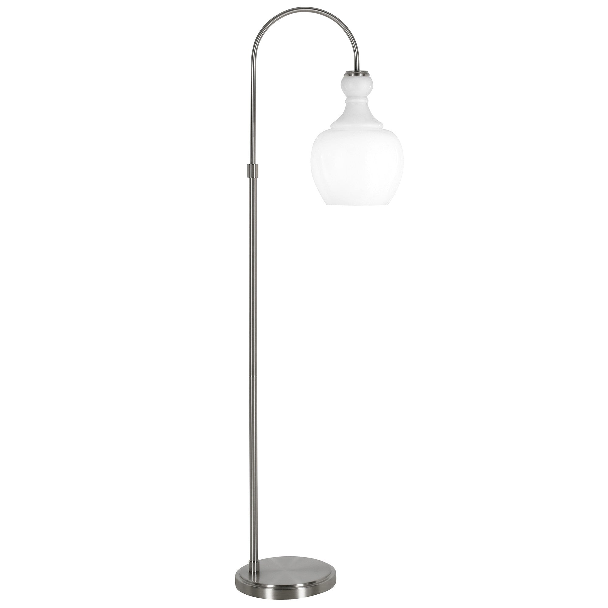 70" Nickel Arched Floor Lamp With White Frosted Glass Dome Shade