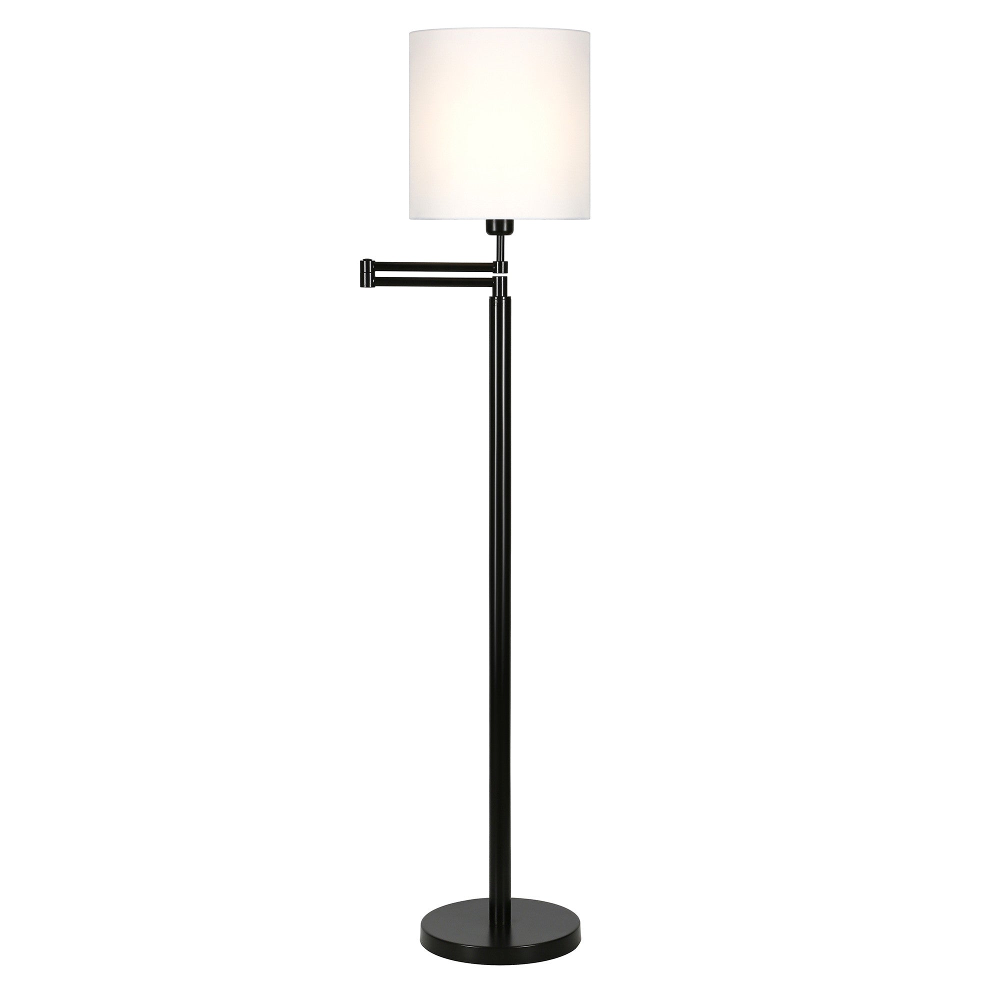 62" Black Swing Arm Floor Lamp With White Frosted Glass Drum Shade