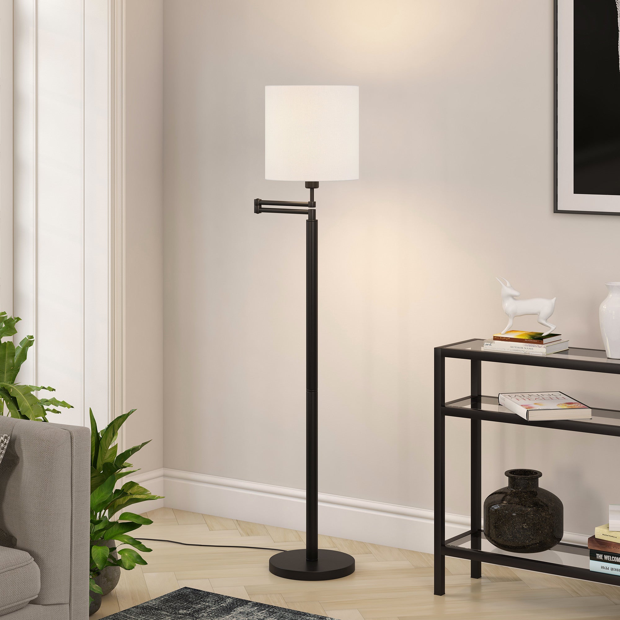 62" Black Swing Arm Floor Lamp With White Frosted Glass Drum Shade