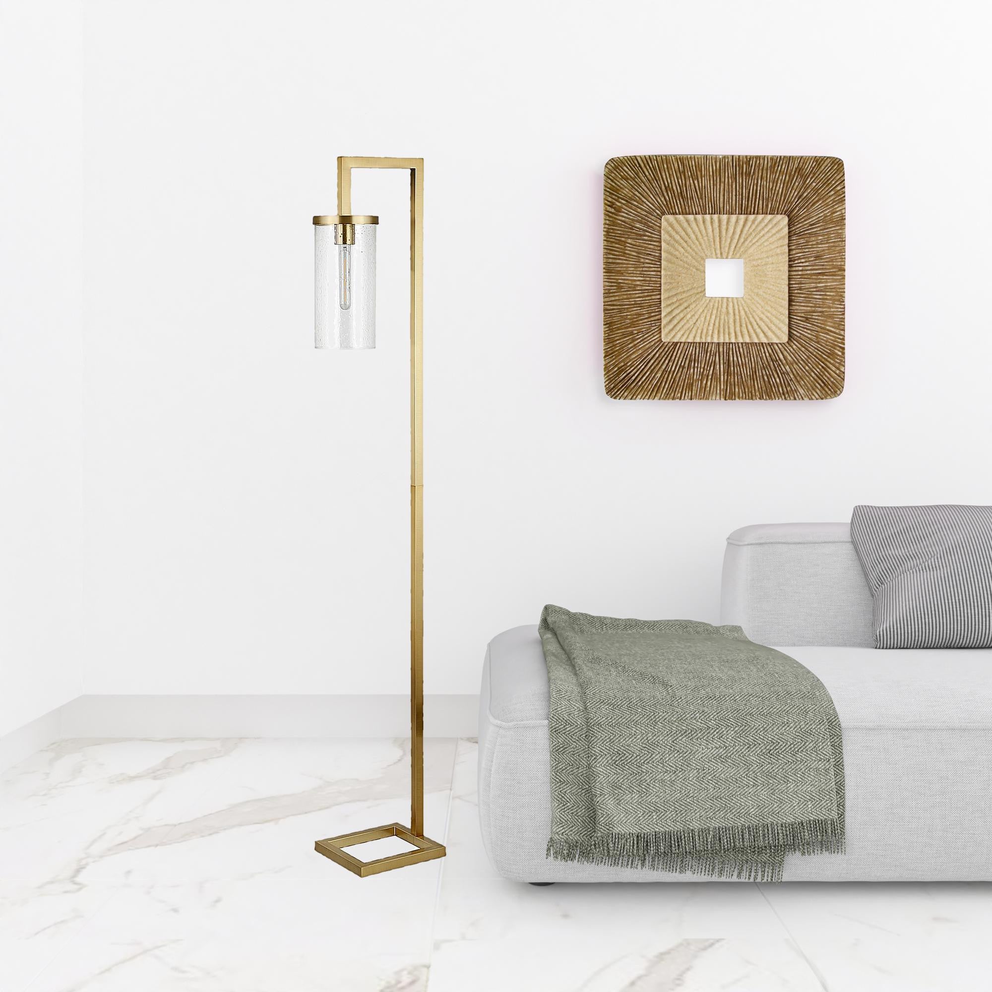 67" Brass Reading Floor Lamp With Clear Seeded Glass Drum Shade