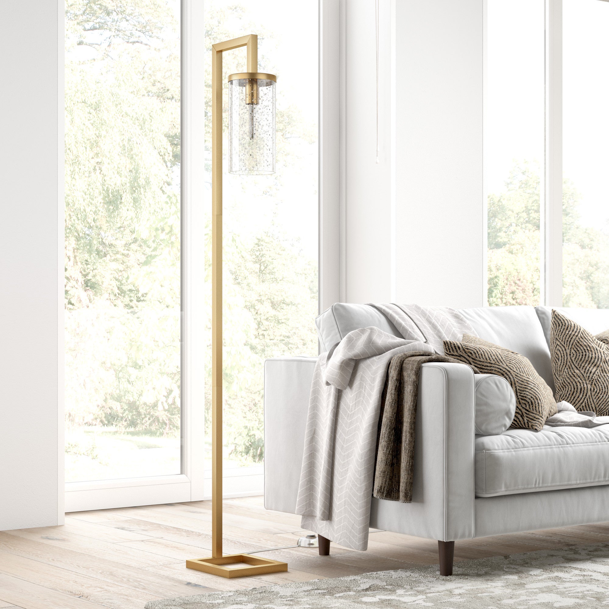 67" Brass Reading Floor Lamp With Clear Seeded Glass Drum Shade