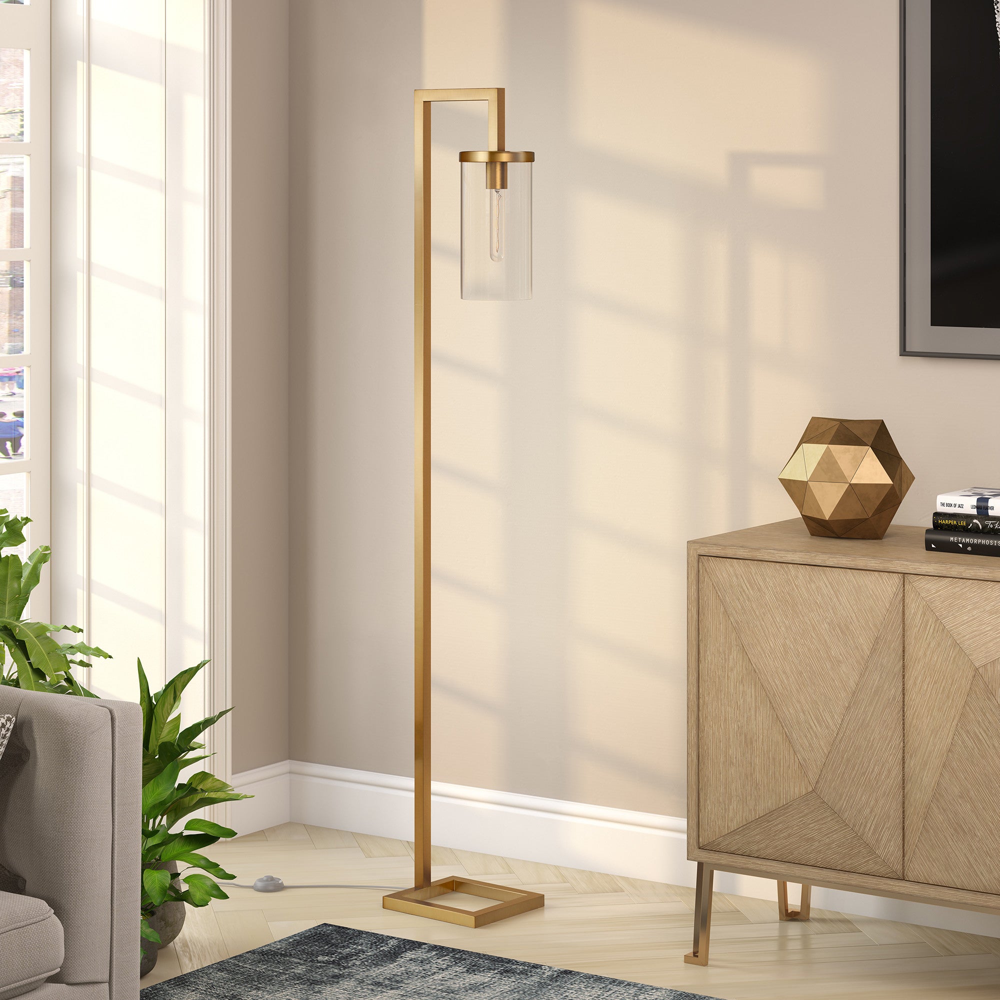 67" Brass Reading Floor Lamp With Clear Transparent Glass Drum Shade