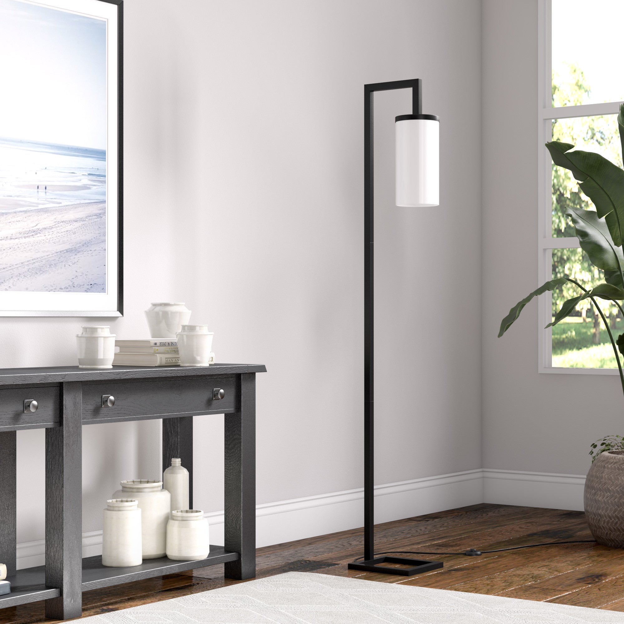 67" Black Reading Floor Lamp With White Frosted Glass Drum Shade