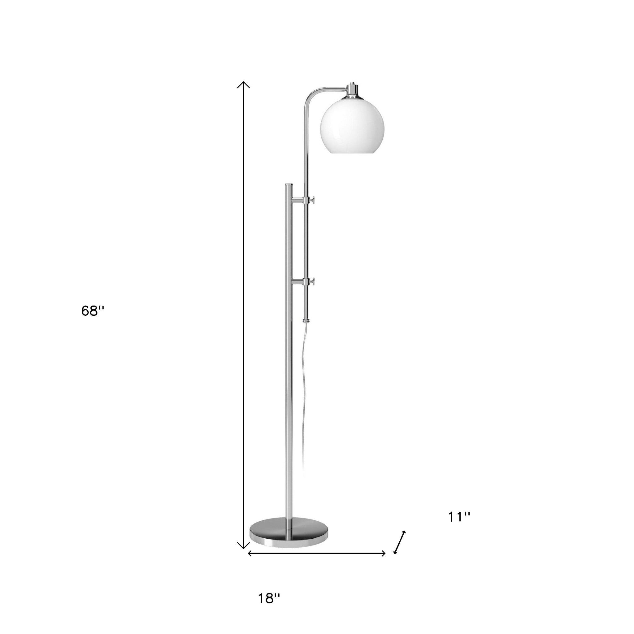 68" Nickel Adjustable Reading Floor Lamp With White Frosted Glass Globe Shade