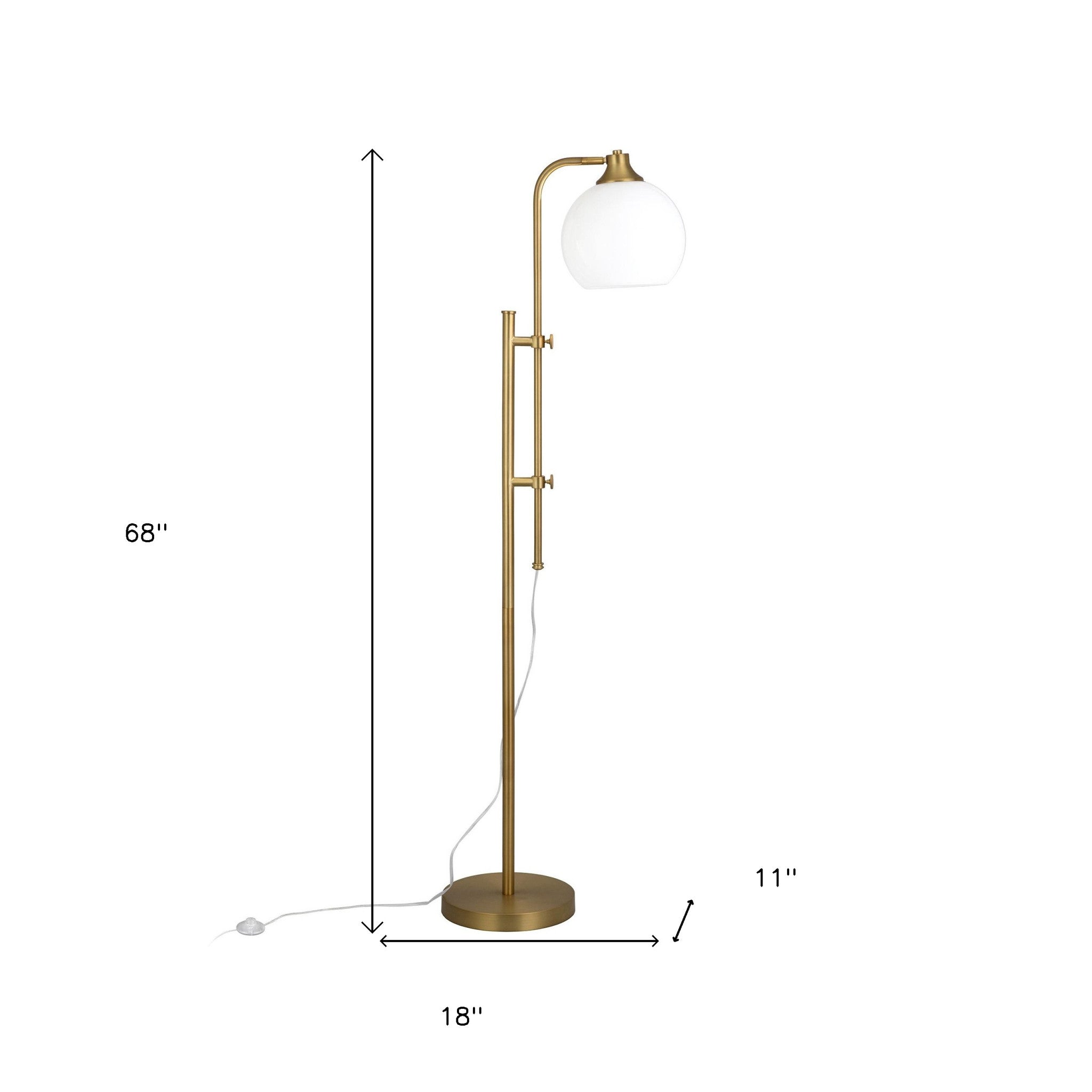 68" Brass Adjustable Reading Floor Lamp With White Frosted Glass Globe Shade