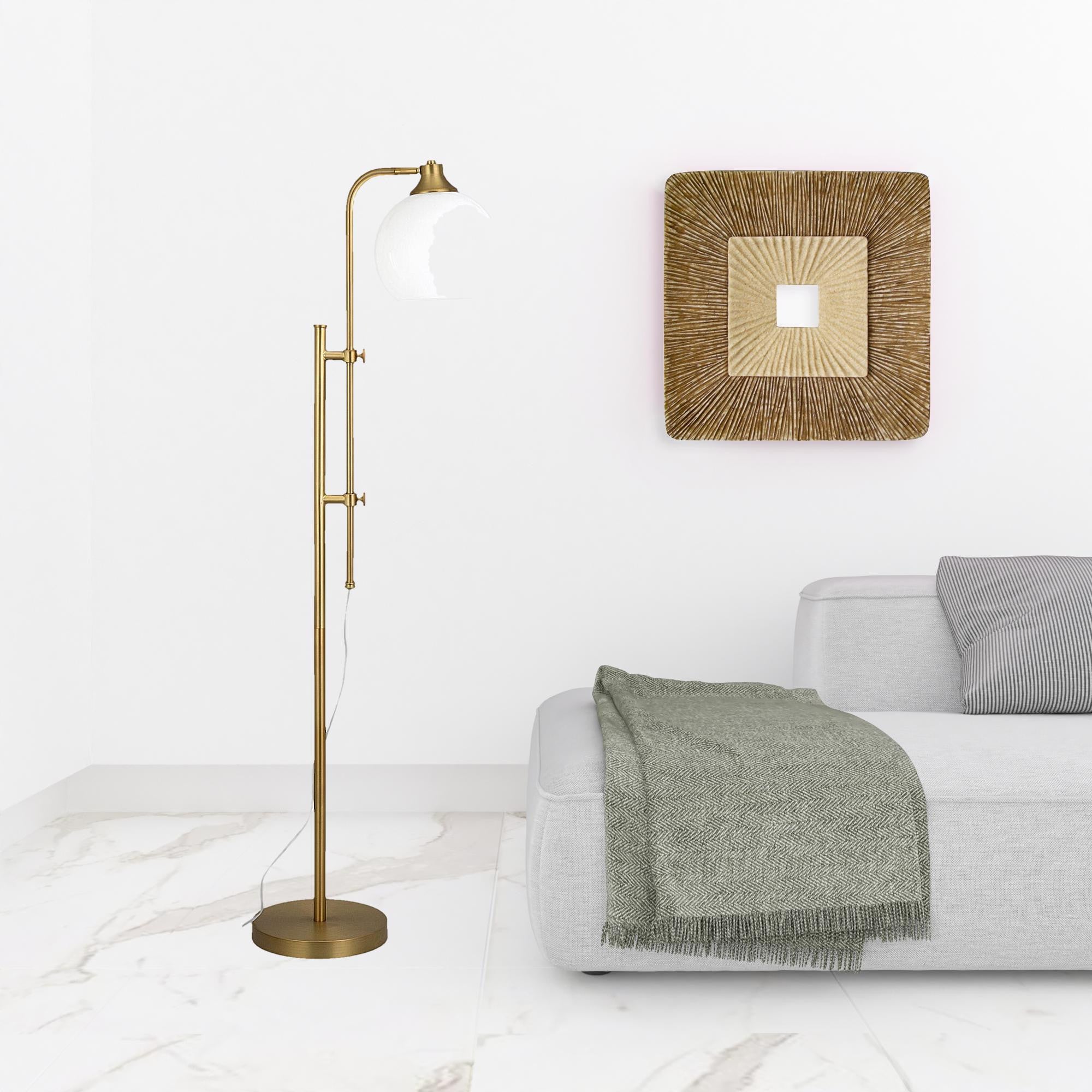 68" Brass Adjustable Reading Floor Lamp With White Frosted Glass Globe Shade