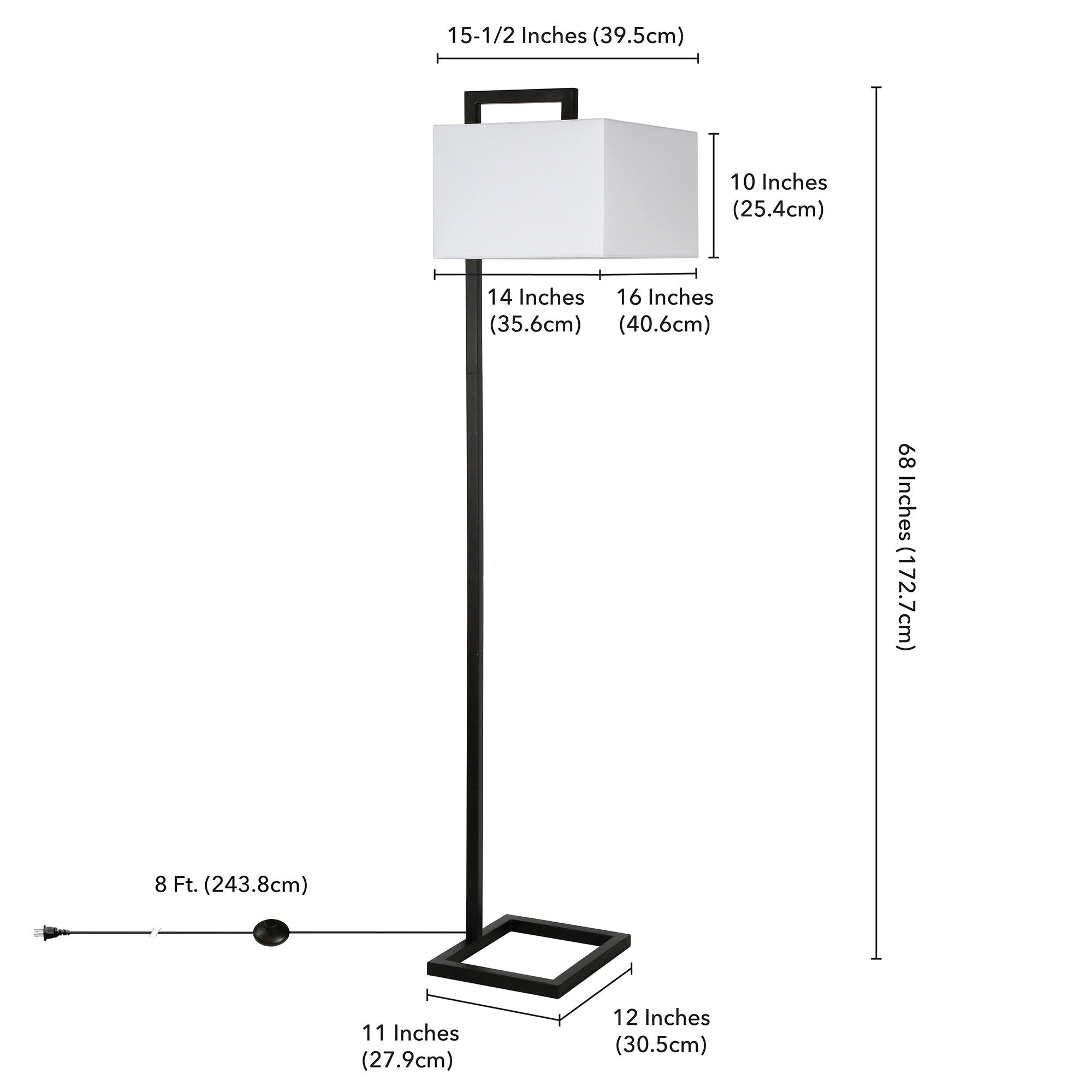 68" Black Floor Lamp With White Frosted Glass Rectangular Shade