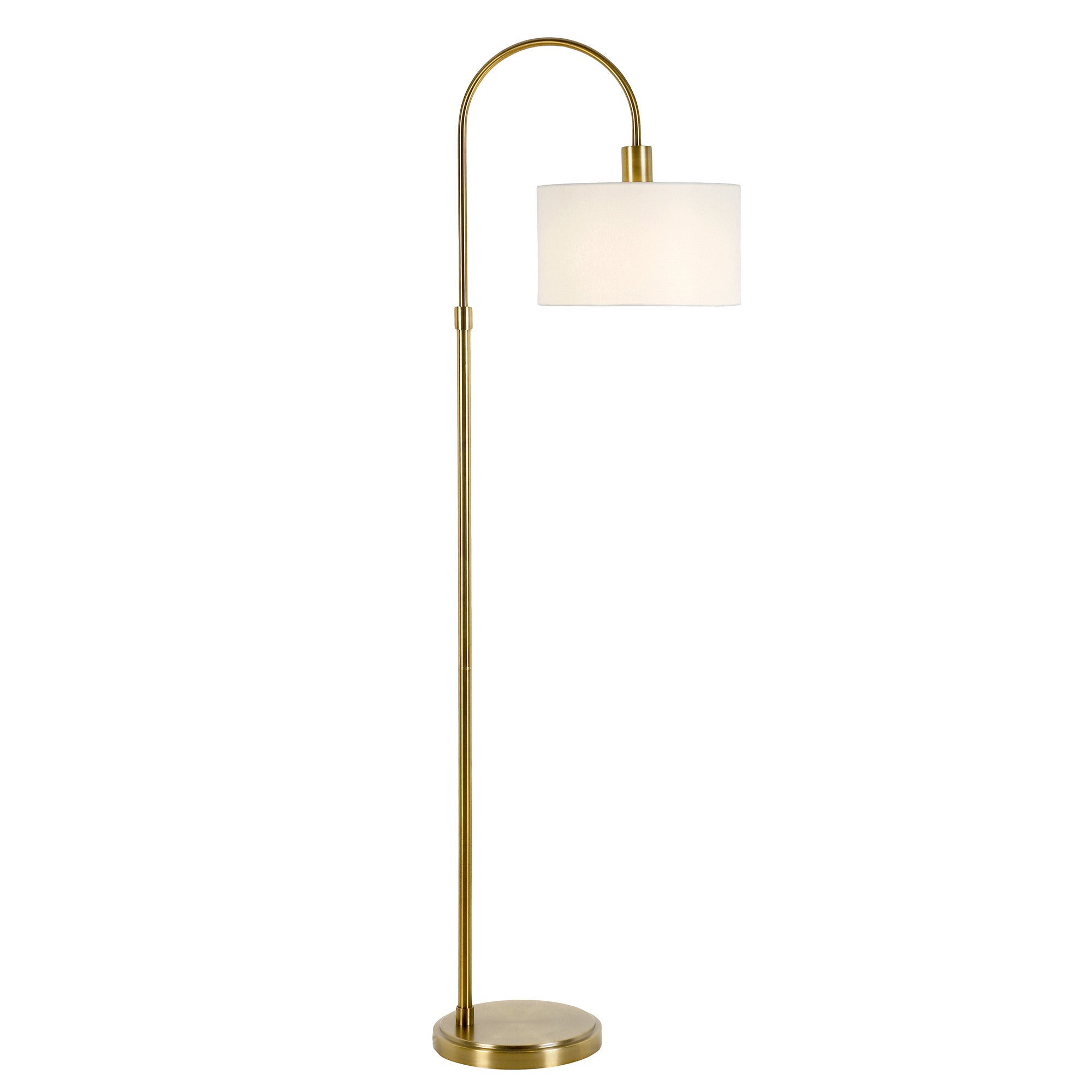 70" Brass Arched Floor Lamp With White Frosted Glass Drum Shade