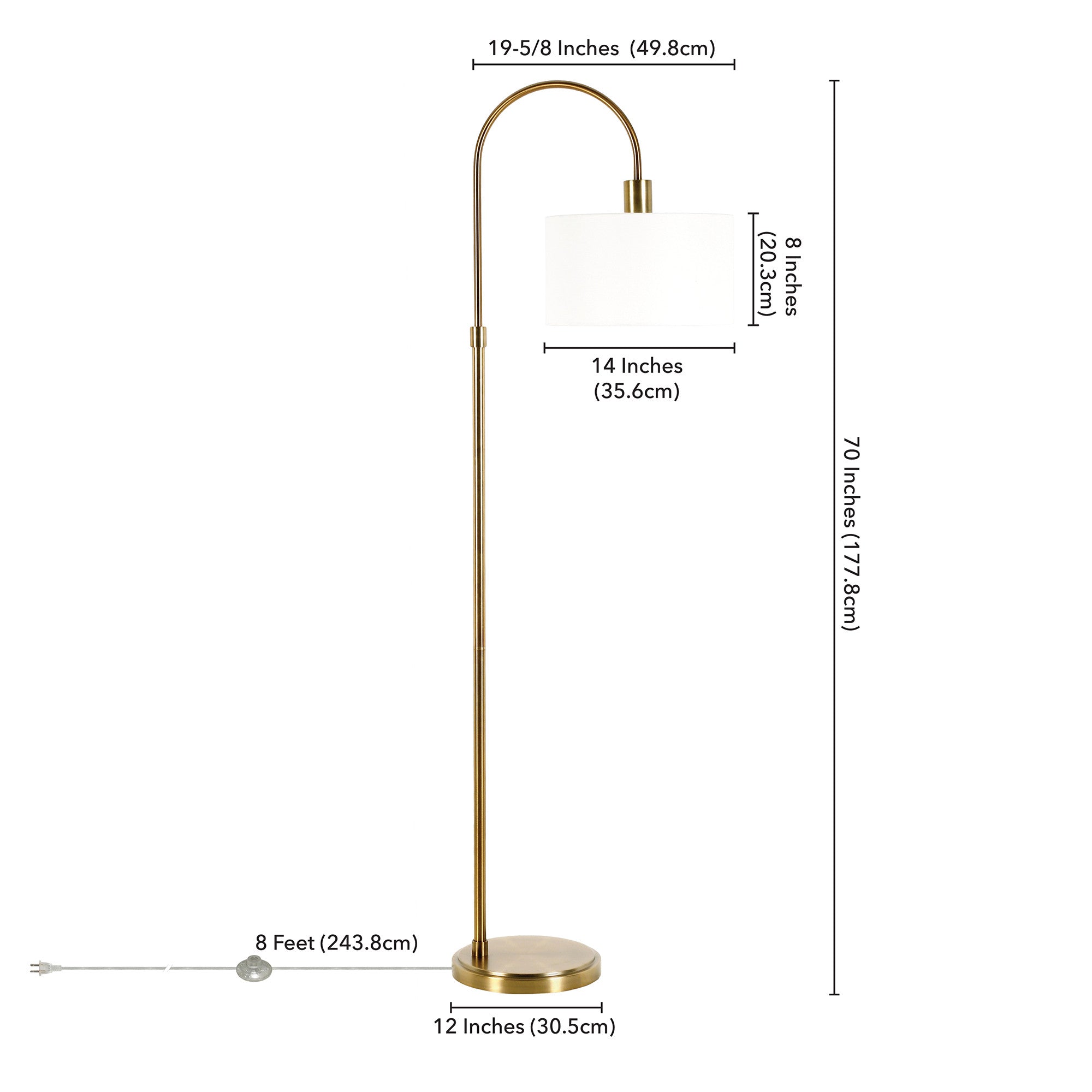 70" Brass Arched Floor Lamp With White Frosted Glass Drum Shade