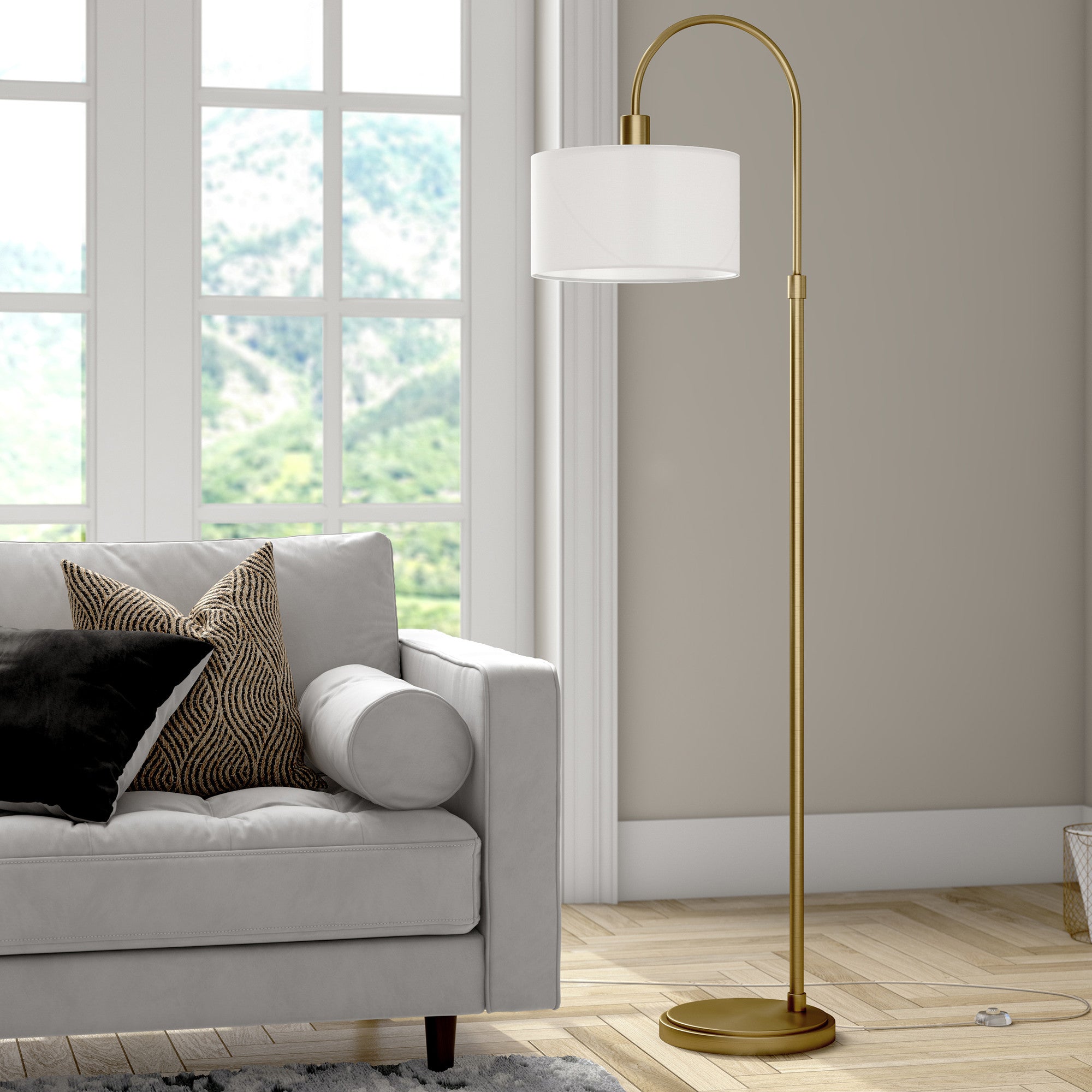 70" Brass Arched Floor Lamp With White Frosted Glass Drum Shade