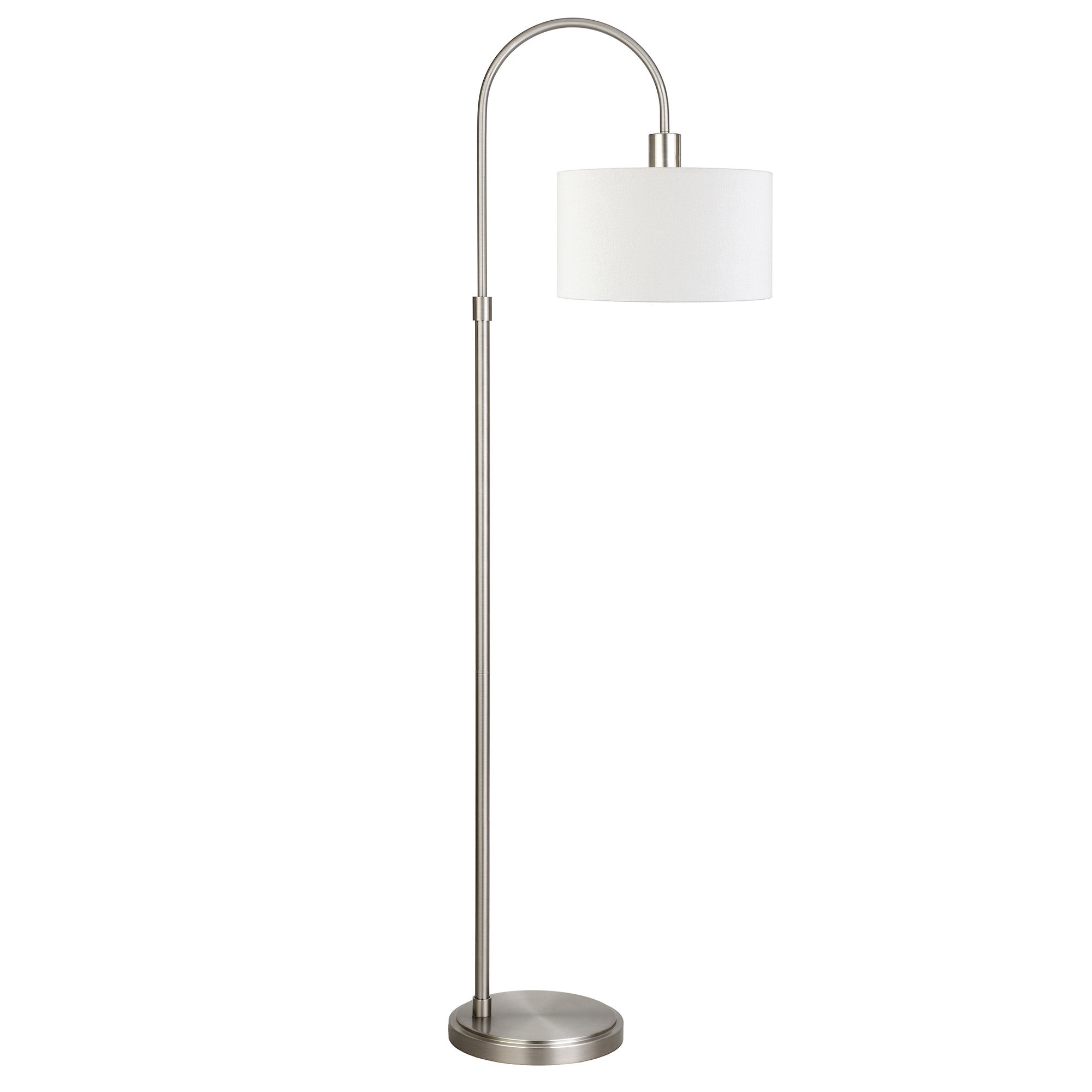 70" Nickel Arched Floor Lamp With White Frosted Glass Drum Shade