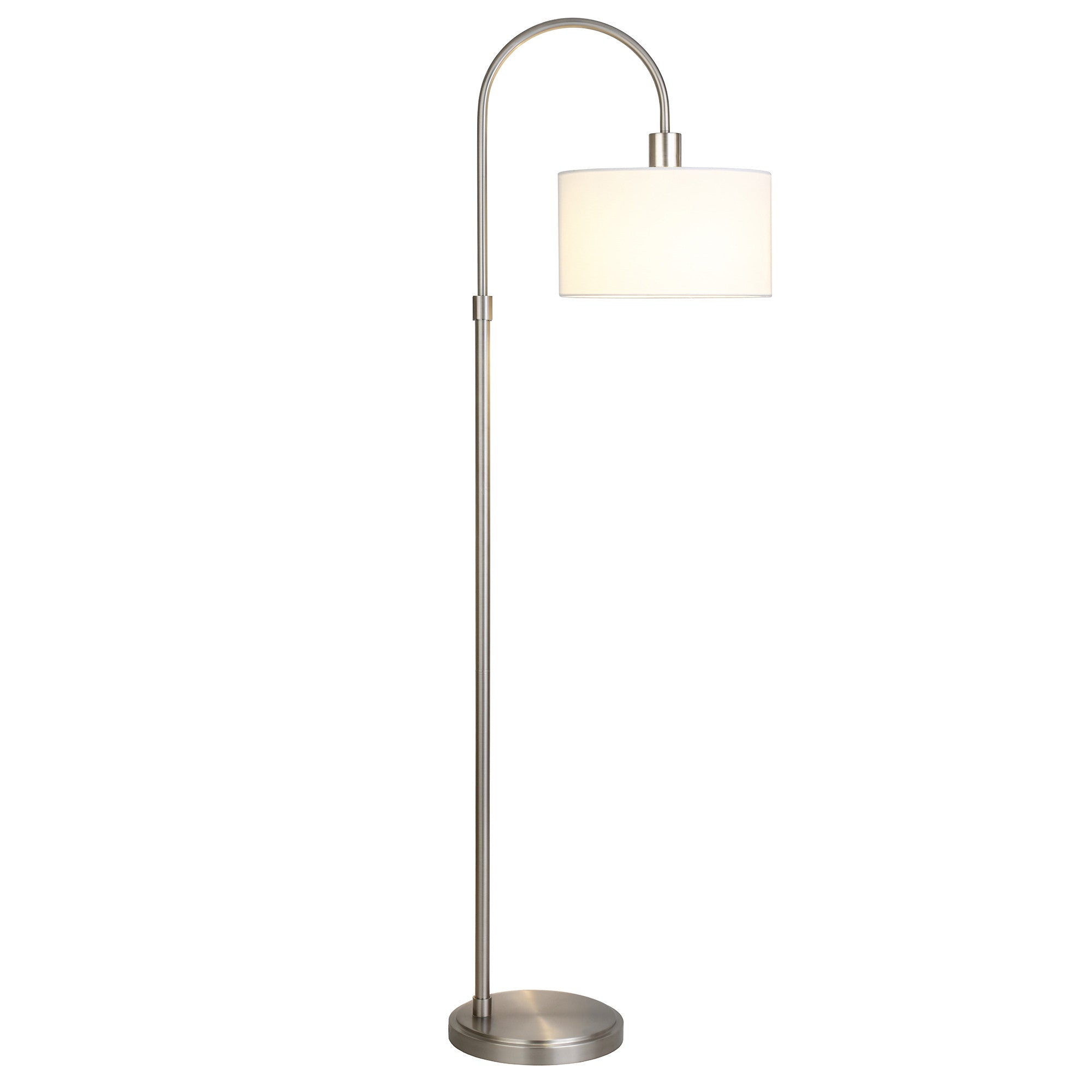 70" Nickel Arched Floor Lamp With White Frosted Glass Drum Shade
