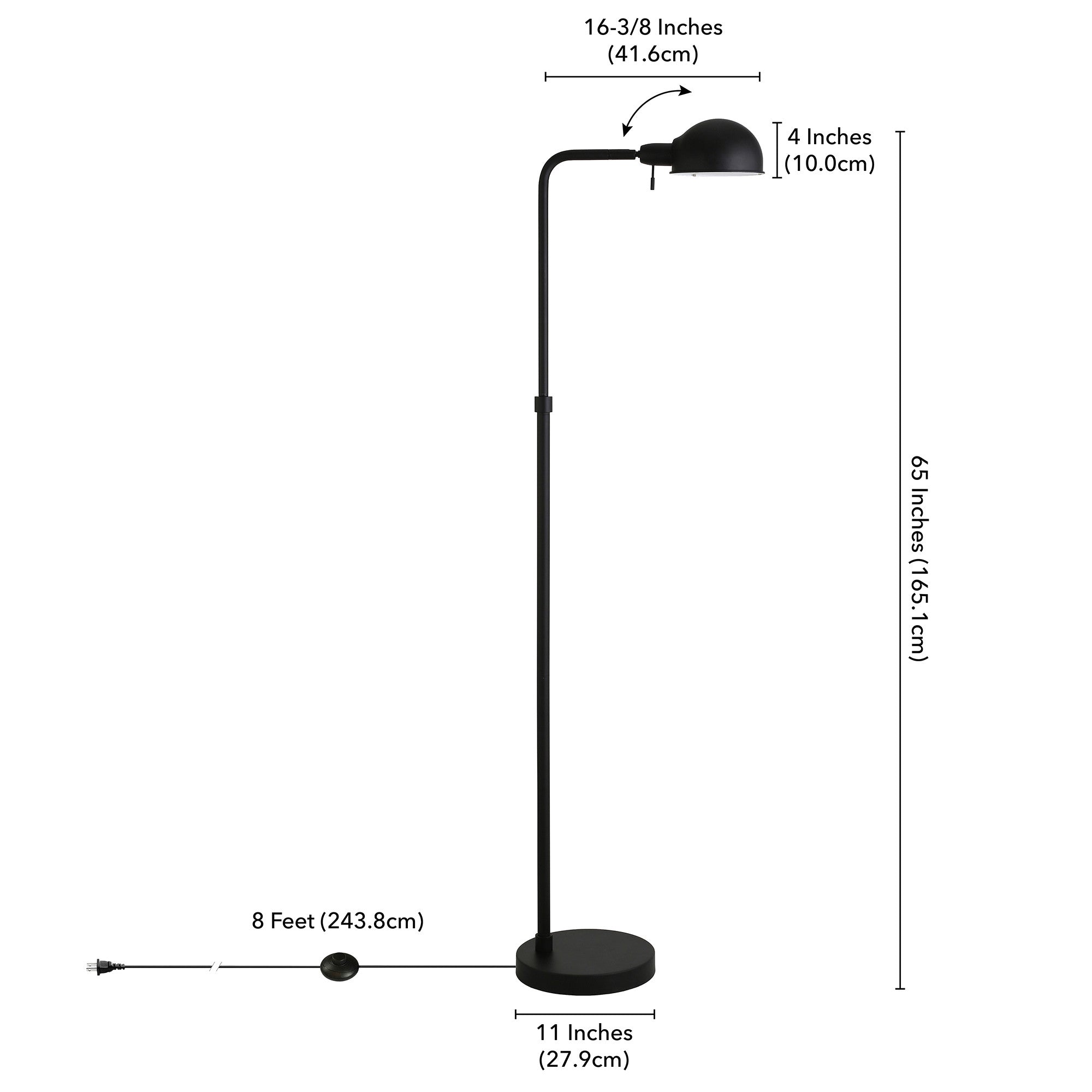 66" Black Reading Floor Lamp With Black Dome Shade