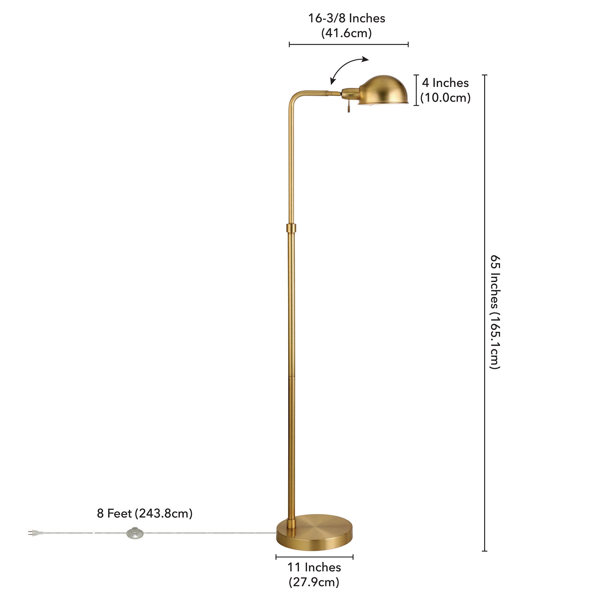 66" Brass Reading Floor Lamp With Gold Dome Shade